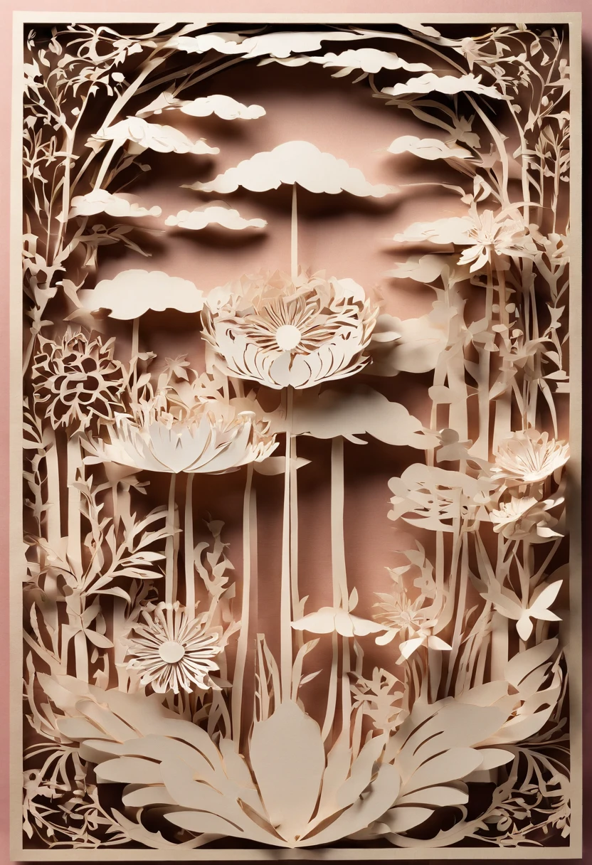 Paper cutouts representing a flower garden、Mixed with real flowers、art by