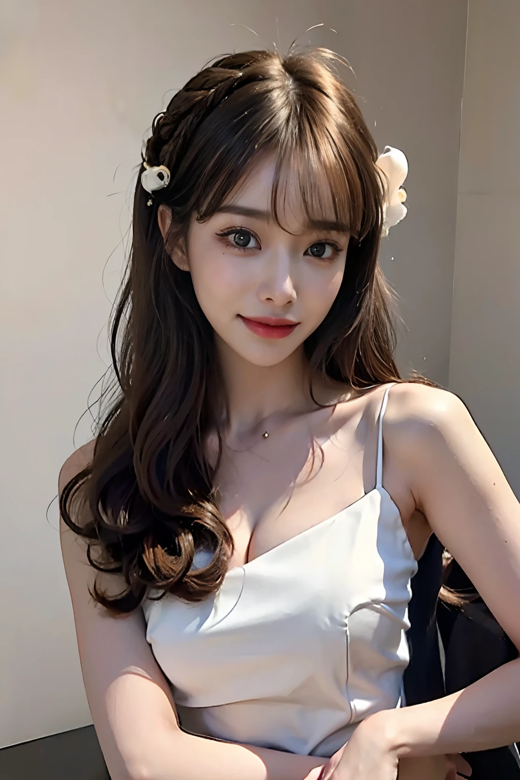 masterpiece, best quality, 1girl,long_hair,light smile, blunt bangs,looking at viewer,selfies,cowboy shot,(shot_hair:2),
(realistic:1.5), cinemagraph,