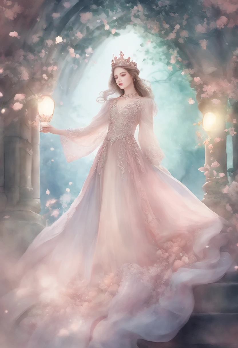 perfectly structured, (watercolor), digital illustration, anime style, the mysterious princess of darkness, highly detailed, volumetric lighting, kawaii pastel colors, dynamic composition, sharp and crisp image, (delicate, sublime:1.2), beautiful beyond words,