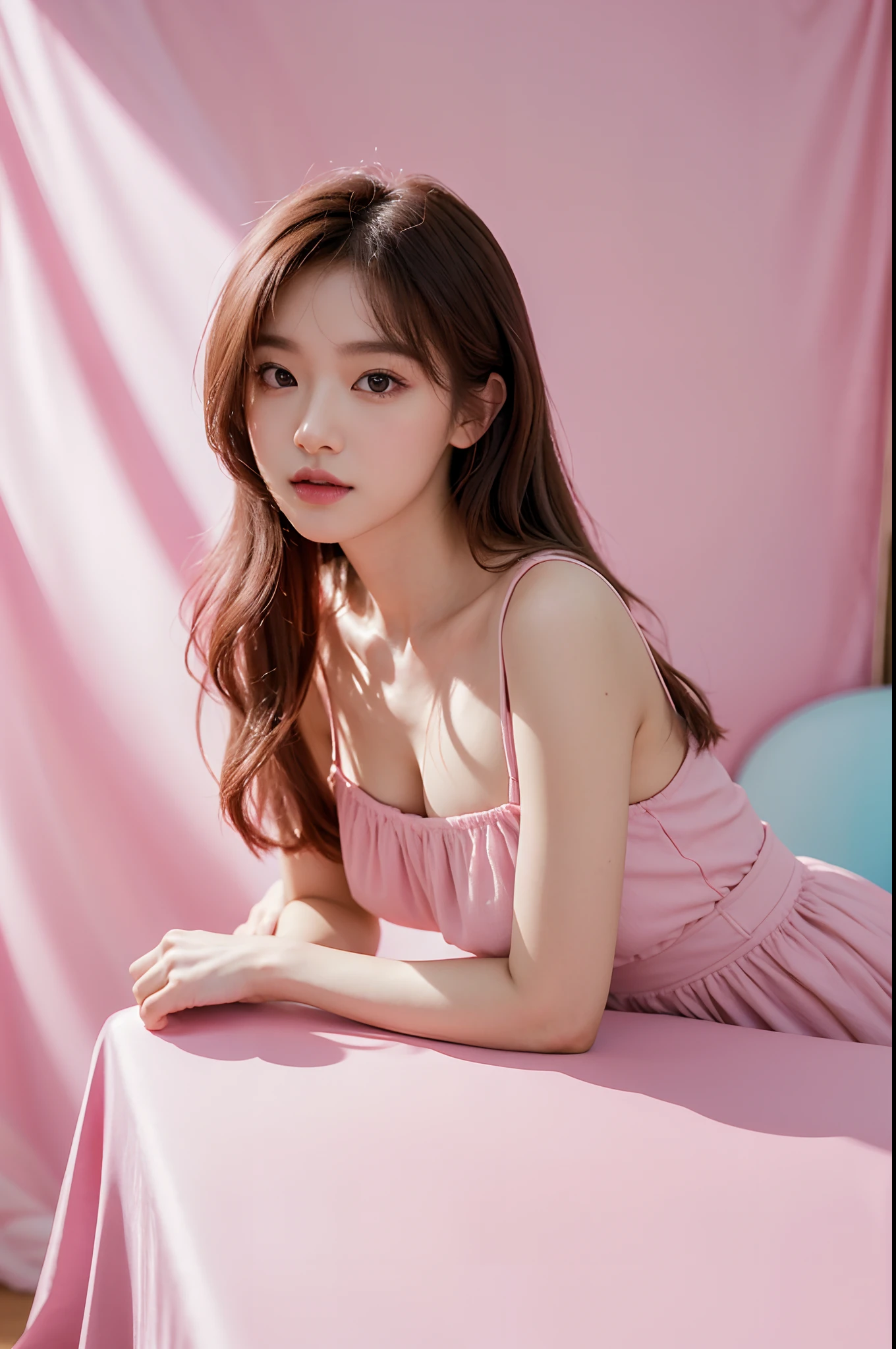 araffe woman sitting on a pink table with a pink table cloth, portrait of jossi of blackpink, pink studio lighting, pastel', studio photoshoot, studio photoshot, photoshoot, solo photoshoot, roseanne park of blackpink, taken with canon eos 5 d mark iv, photoshoot portrait, pink pastel, photo shoot, shot with canon eoa 6 d mark ii