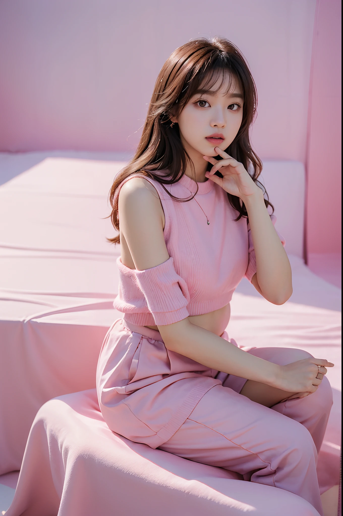 araffe woman sitting on a pink table with a pink table cloth, portrait of jossi of blackpink, pink studio lighting, pastel', studio photoshoot, studio photoshot, photoshoot, solo photoshoot, roseanne park of blackpink, taken with canon eos 5 d mark iv, photoshoot portrait, pink pastel, photo shoot, shot with canon eoa 6 d mark ii