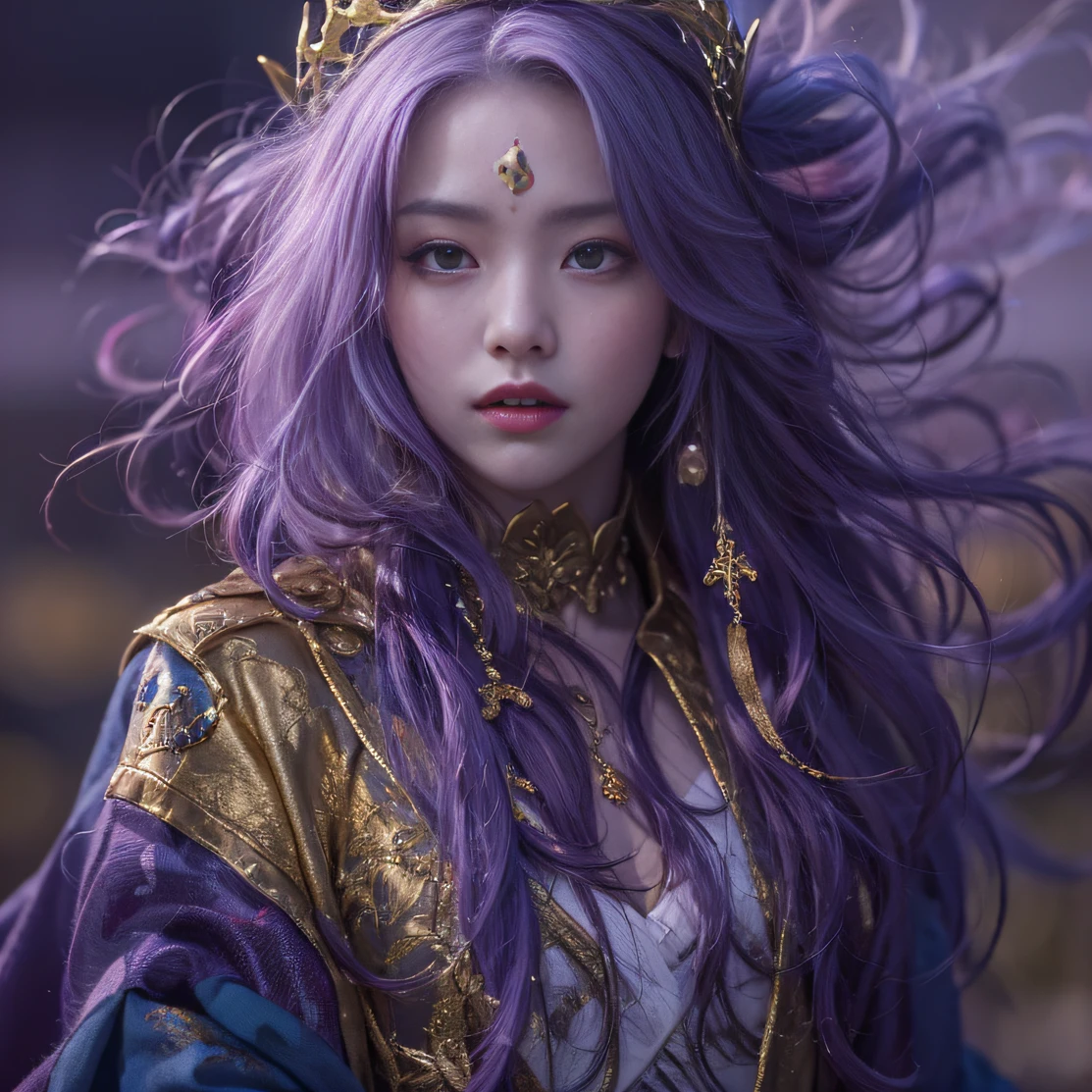 Blood Girl 32K(tmasterpiece,k hd,hyper HD,32K)Long flowing bright purple hair,blood pond,zydink, a color,Grumpy (Post-halo), (Linen scarf), Combat posture, looking at the ground, long whitr hair, Floating bright purple, Fire cloud pattern gold tiara, Chinese long-sleeved gold silk burgundy garment, (Abstract metaverse splash:1.2), white backgrounid,Lotus vitality protector(realisticlying:1.4),Bright purple hair,Smoke on the road,The background is pure, A high resolution, the detail, RAW photogr, Sharp Re, Nikon D850 Film Stock Photo by Jefferies Lee 4 Kodak Portra 400 Camera F1.6 shots, Rich colors, ultra-realistic vivid textures, Dramatic lighting, Unreal Engine Art Station Trend, cinestir 800,A girl with long flowing bright purple hair