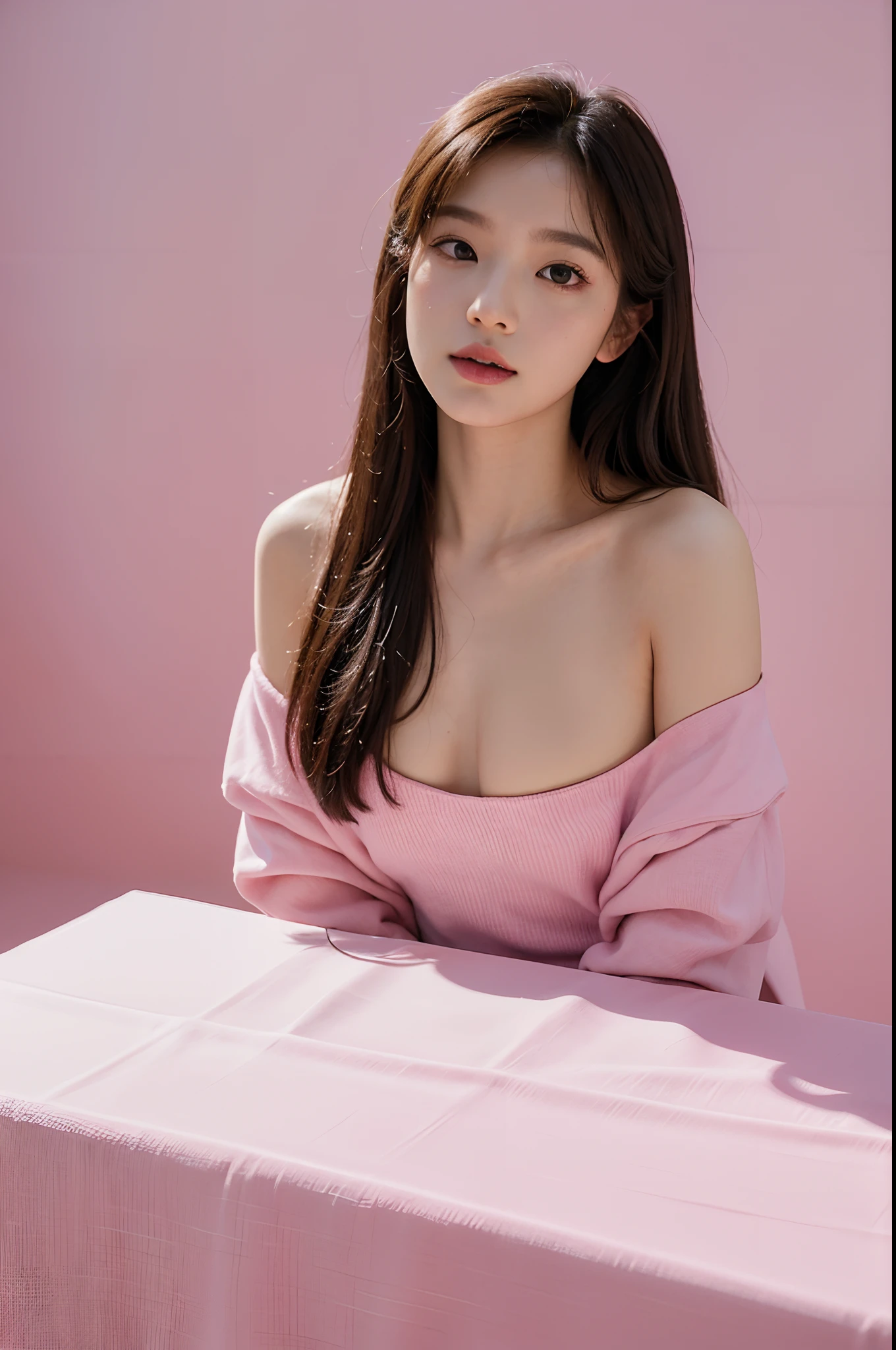 araffe woman sitting on a pink table with a pink table cloth, portrait of jossi of blackpink, pink studio lighting, pastel', studio photoshoot, studio photoshot, photoshoot, solo photoshoot, roseanne park of blackpink, taken with canon eos 5 d mark iv, photoshoot portrait, pink pastel, photo shoot, shot with canon eoa 6 d mark ii