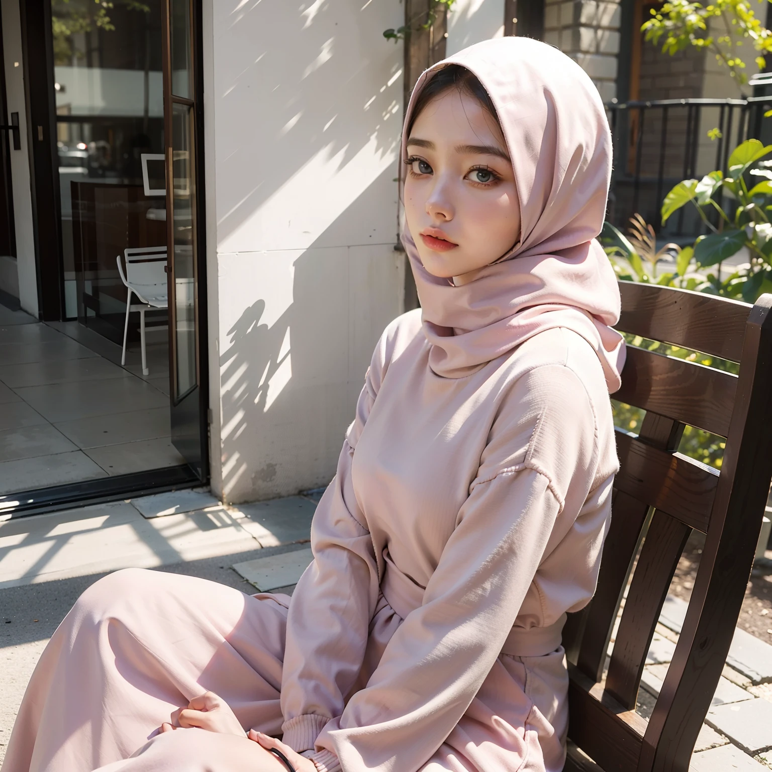 masterpiece, close up, outdoor view, potrait of beautiful charming young woman, melancholy pastel art, one person, look from side, wearing hijab no hair look, 24 years old, bright eyes, eyeliner, blush on, high detailed eyes makeup, pink sweater, thight dress, long pants, long dress, sweet expression, with the face of charity wakefield, sitting at nyc street, sunlight