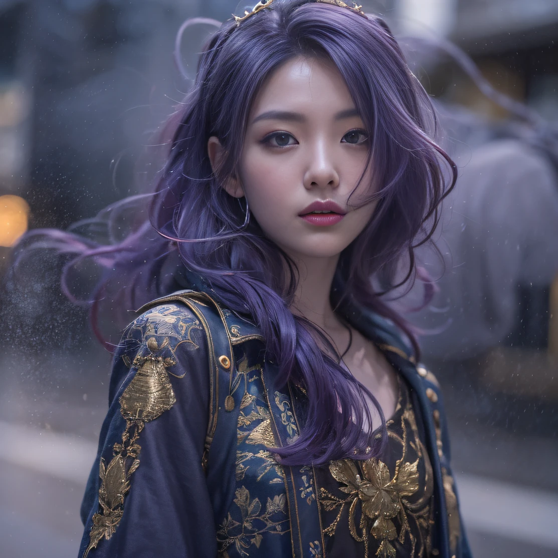 Blood Girl 32K(tmasterpiece,k hd,hyper HD,32K)Long flowing bright purple hair,blood pond,zydink, a color,Grumpy (Post-halo), (Linen scarf), Combat posture, looking at the ground, long whitr hair, Floating bright purple, Fire cloud pattern gold tiara, Chinese long-sleeved gold silk burgundy garment, (Abstract metaverse splash:1.2), white backgrounid,Lotus vitality protector(realisticlying:1.4),Bright purple hair,Smoke on the road,The background is pure, A high resolution, the detail, RAW photogr, Sharp Re, Nikon D850 Film Stock Photo by Jefferies Lee 4 Kodak Portra 400 Camera F1.6 shots, Rich colors, ultra-realistic vivid textures, Dramatic lighting, Unreal Engine Art Station Trend, cinestir 800,A girl with long flowing bright purple hair