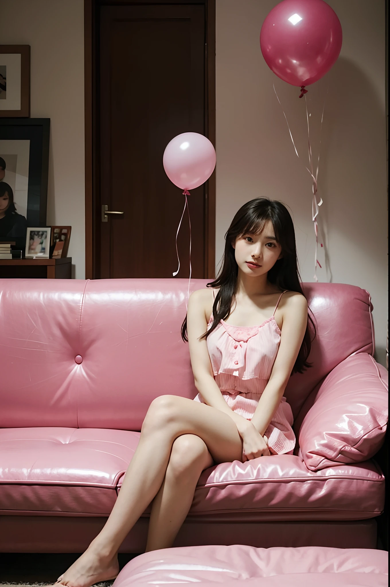 there is a woman sitting on a pink couch holding a balloon, chiho, sakimichan, kimi takemura, shikamimi, ayami koj ima, 奈良美智, aoshima chiho, chiho ashima, sakimi chan, official artwork, ❤🔥🍄🌪