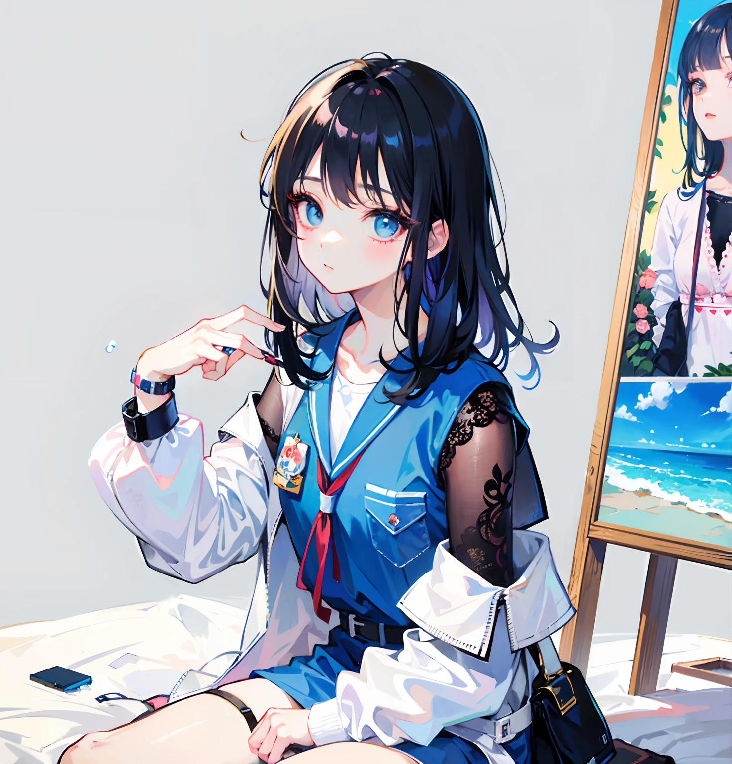 (Realistic painting style:1.0), masterpiece, best quality, absurdres, comic, illustration,
1girl, long hair, cute girl, young and cute girl, korean girl,
a gitl with a watch on her wrist, with short hairgorgeous young korean woman, pastel blue,