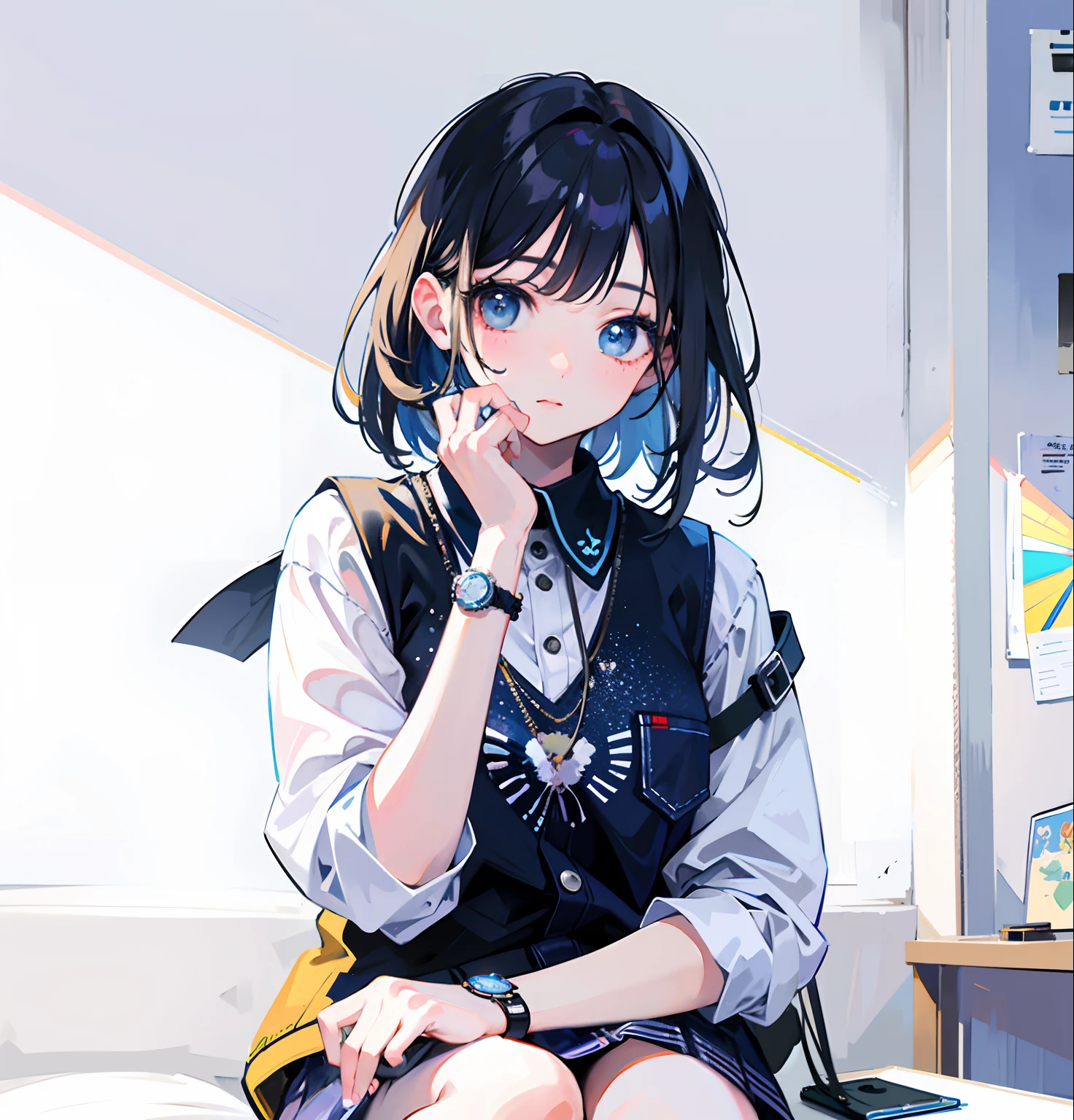 (Realistic painting style:1.0), masterpiece, best quality, absurdres, comic, illustration,
1girl, long hair, cute girl, young and cute girl, korean girl,
a gitl with a watch on her wrist, with short hairgorgeous young korean woman, pastel blue,