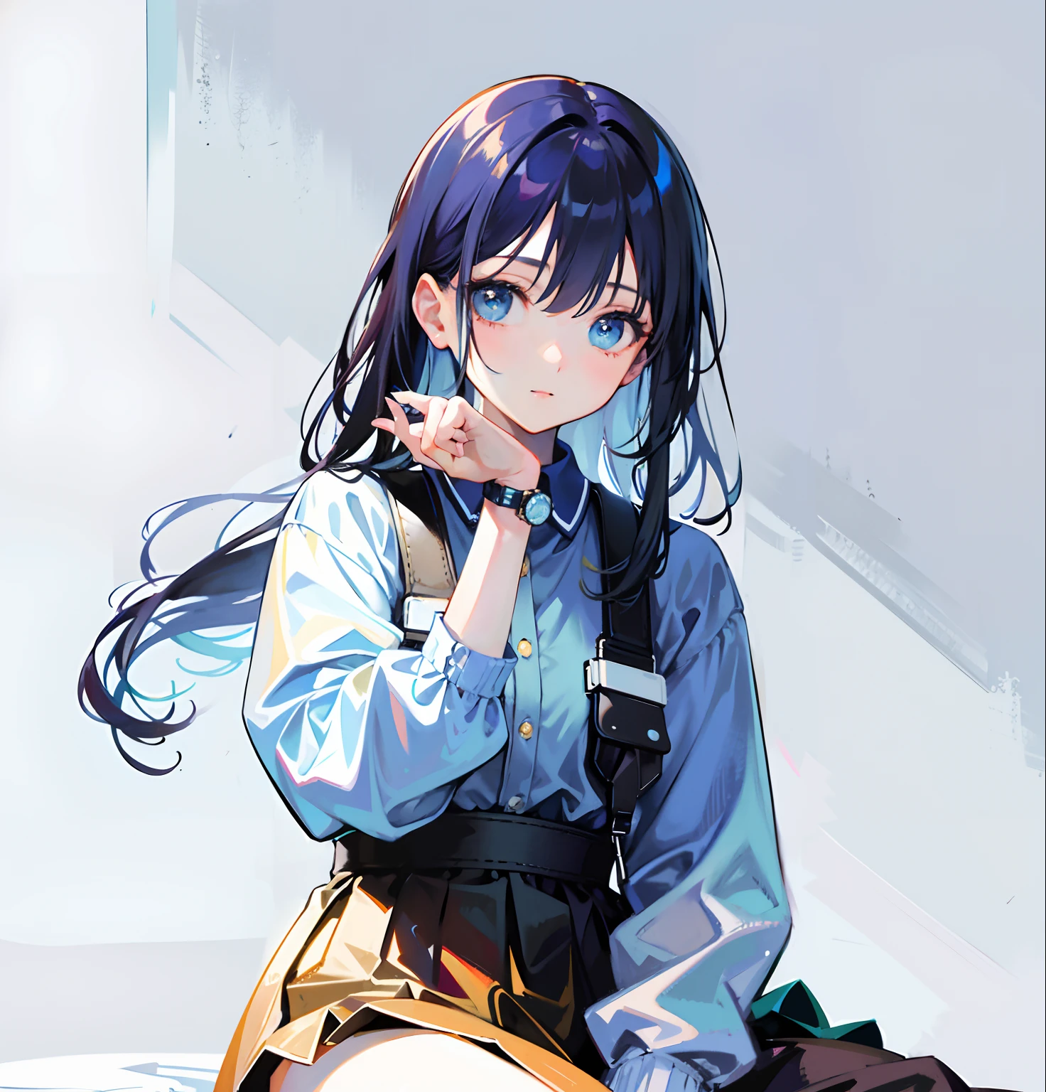 (Realistic painting style:1.0), masterpiece, best quality, absurdres, comic, illustration,
1girl, long hair, cute girl, young and cute girl, korean girl,
a gitl with a watch on her wrist, with short hairgorgeous young korean woman, pastel blue,