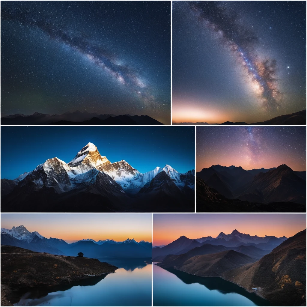 Master Parts、Superior Quality、superior image quality、The 8k quality、Beautiful pictures of the starry sky、magnifica、Arched Milky Way:1.9、Mount Everest、snow mountains、blue river