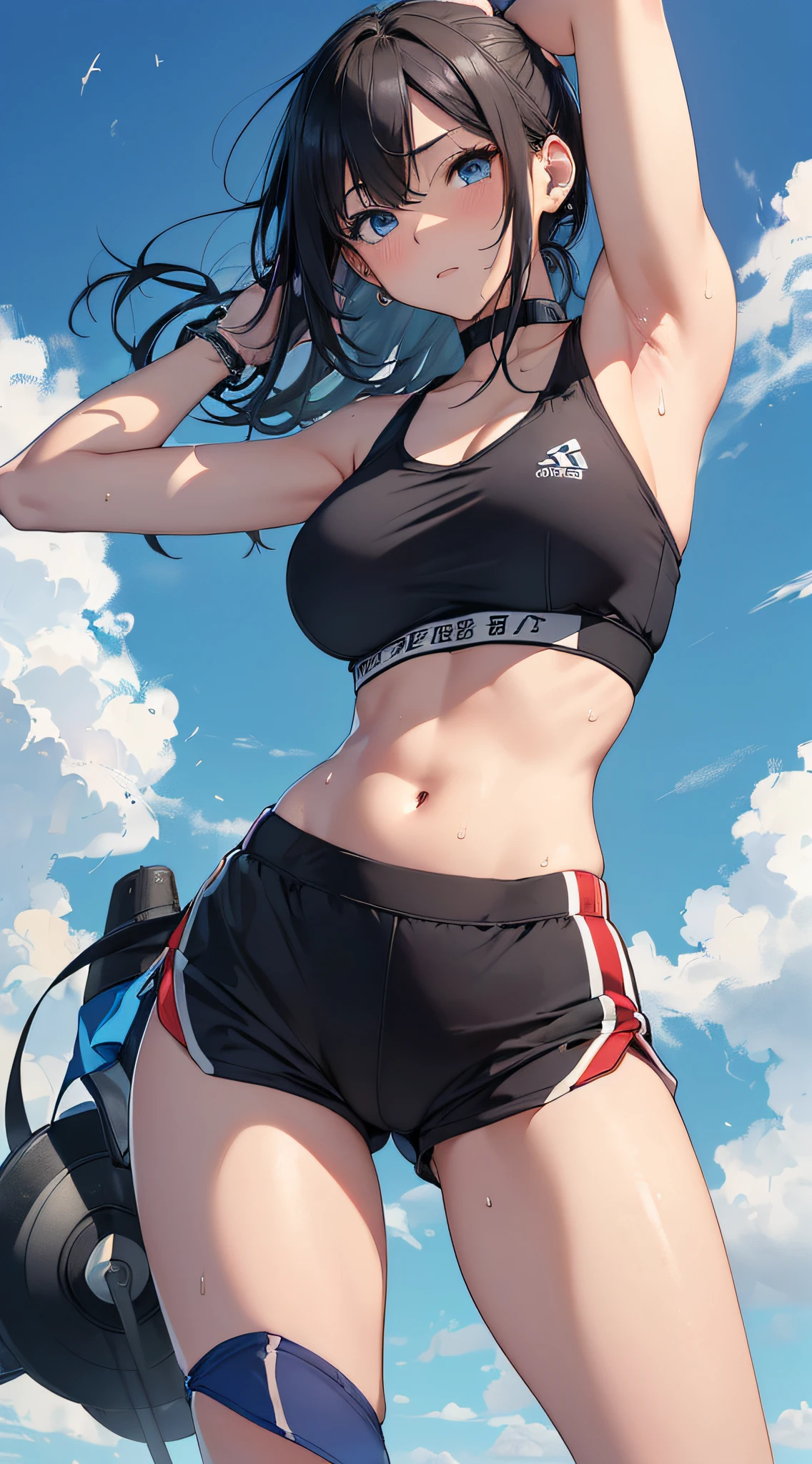 top-quality、Top image quality、masterpiece、girl with((18year old、Sportswear、Black Sports Bra、blue short pants、Best Bust、Bust 85、a blond、Longhaire、Blue eyes、open chest wide、Valley、Happiness、Black wristband on wrist、A slender、Flexion and extension、耳Nipple Ring、The wind blows、Sweating、Extend your right hand))hiquality、visualart、Background with((Gymnasium))、masutepiece、