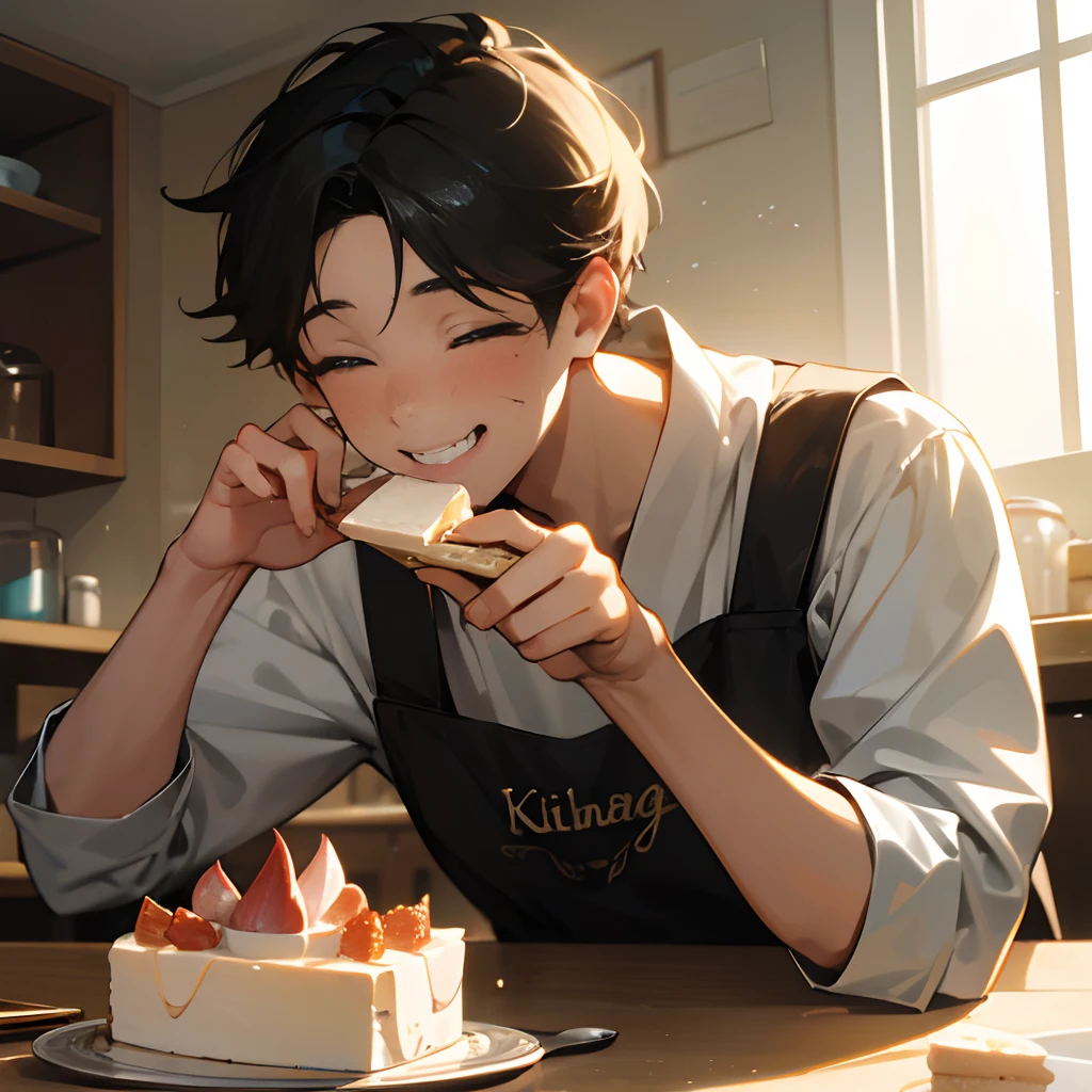 1 boy, young, kitchen, eating, eating cake, messy eating, frosting on cheeks, full mouth, warm lighting, bright smile