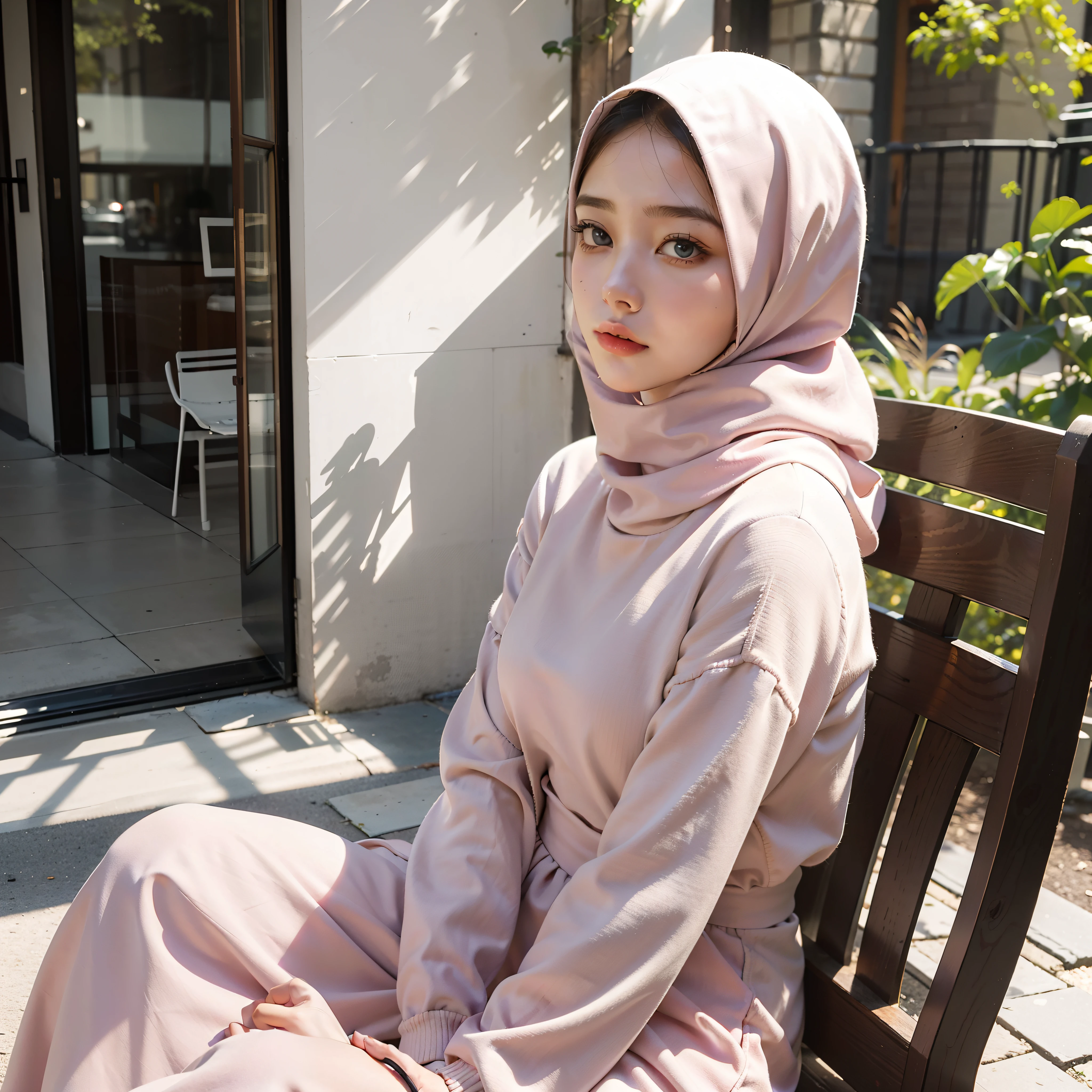 masterpiece, close up, outdoor view, potrait of beautiful charming  young woman, melancholy pastel art, one person, look from side, wearing hijab no hair look, 24 years old, bright eyes, high detailed eyes makeup, sweater, jacket, tank top, thight dress, long pants, long dress, sweet expression, with the face of charity wakefield, sitting at nyc street, sunlight