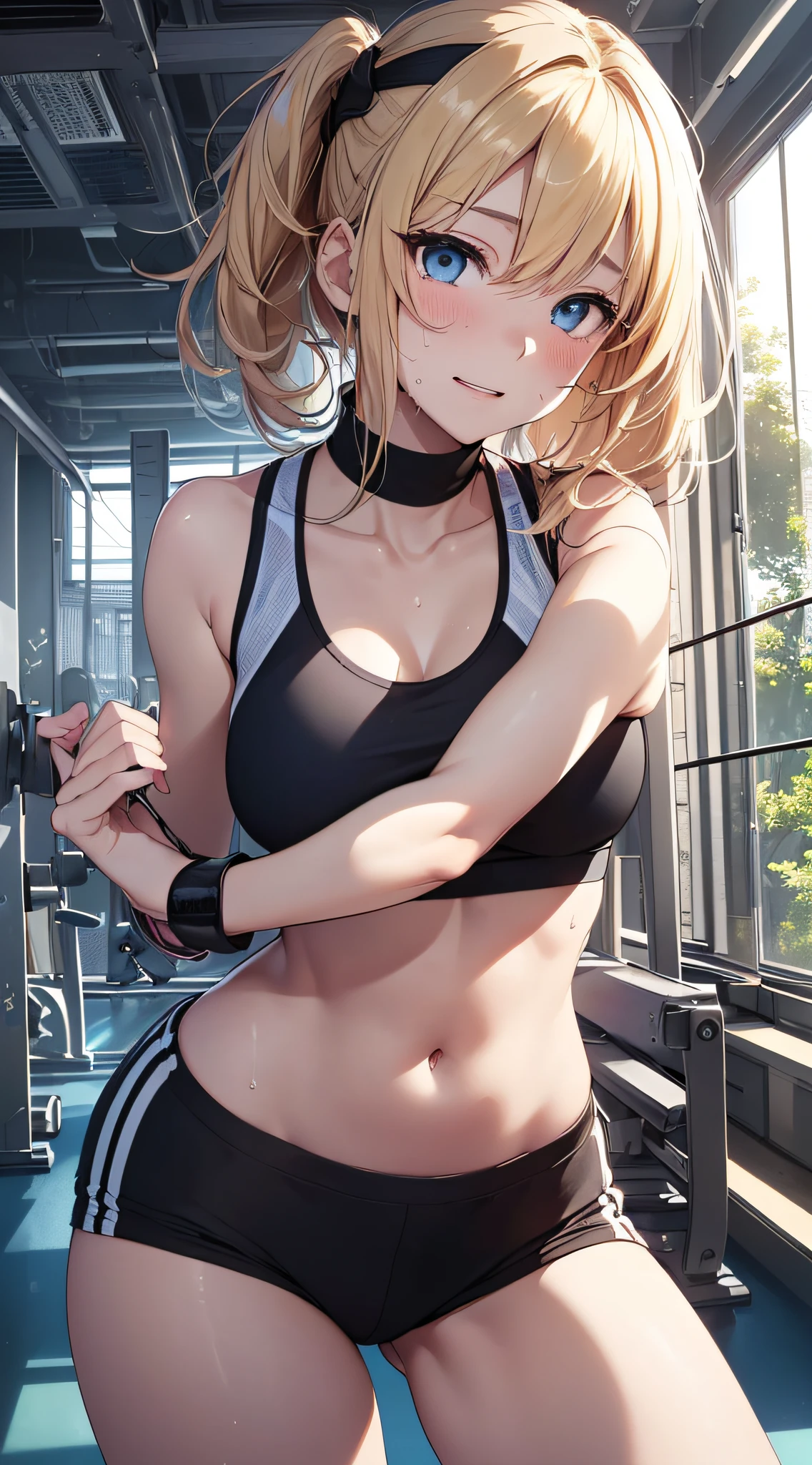 最high quality、Best image quality、masterpiece、and((18-year-old、Sportswear、Black sports bra、Blue shorts、Best Bust、Bust 85、Blonde、Long Hair、blue eyes、Open your chest wide、valley、happiness、Black wristband on wrist、Slender、Embarrassed face、耳Nipple Ring、running、The wind is blowing、sweating、Hunchback))high quality、Visual Arts、background((Gym))、Tabletop、