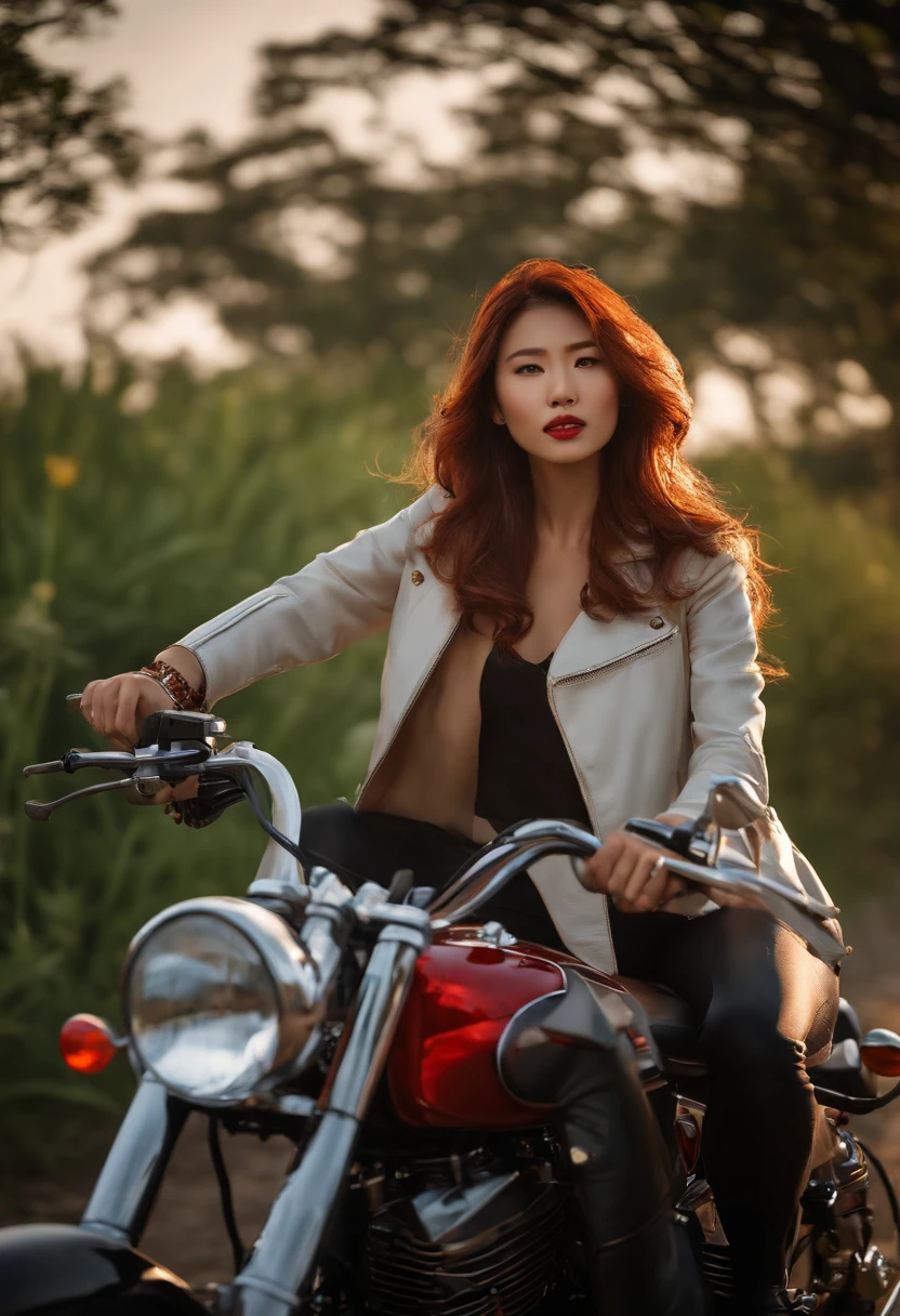 Woman riding a classic bike, Beautuful Women,Red Long Hair, full scene shot, Best Quality, evening glow, Steppe road, blows wind, Beautuful Women, Outdoor Scene, Dark red hair, Natural view, Red Riders Jacket, Navel Ejection, Highly detailed facial and skin texture, Detailed eyes, 二重まぶた, Full body, Asian Girl, 20-year-old female model, Octane Render,Two-tone lighting,Wide aperture,Low ISO,White Balance, Driving a classic motorcycle, landscape