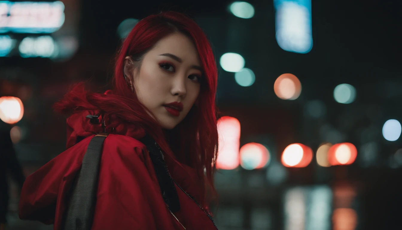 japanaese girl,pale skin,beatiful face,rose hair,red jacket,Tokyo at night, with Cyberpunk style,Japanese streetwear,Tokyo Fashion,In a Cyberpunk 2 jacket 0 7 7,Full-length,attractive pose