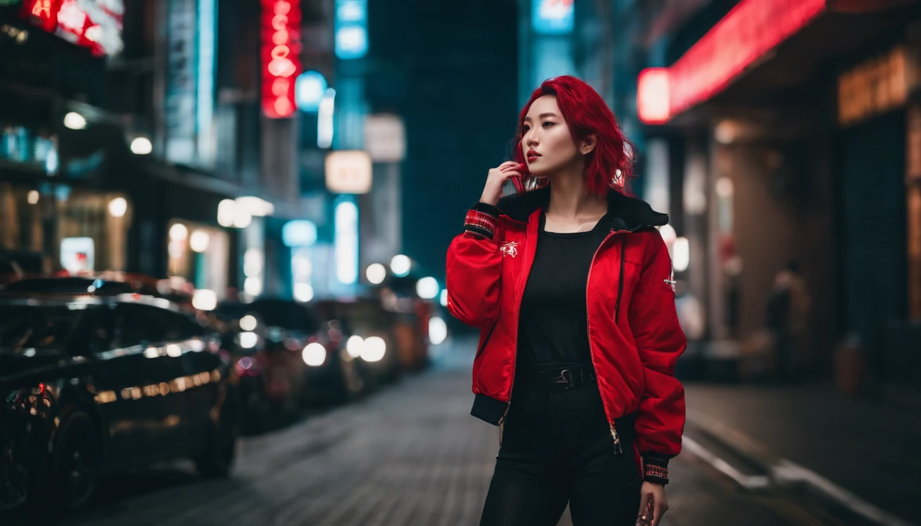 japanaese girl,pale skin,beatiful face,rose hair,red jacket,Tokyo at night, with Cyberpunk style,Japanese streetwear,Tokyo Fashion,In a Cyberpunk 2 jacket 0 7 7,Full-length,attractive pose