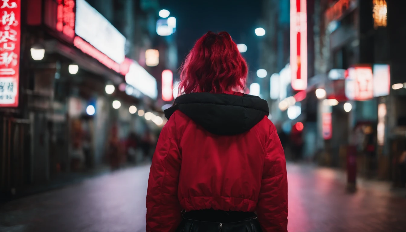 japanaese girl,pale skin,beatiful face,rose hair,red jacket,Tokyo at night, with Cyberpunk style,Japanese streetwear,Tokyo Fashion,In a Cyberpunk 2 jacket 0 7 7,Full-length,attractive pose