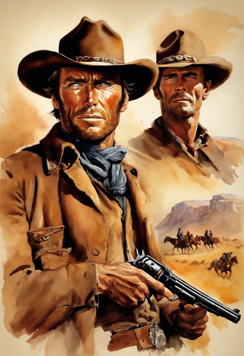 {{Movie poster}} {{Vintage}} A cowboy (Young Clint Eastwood) beaing chased by actor lee van cleef holding a gun in his hand, ((Angry 1.4)), (good the bad and the ugly) Stunning vista,Riding a running horse, Screaming, Action, The dark side, Mystery , Dark background, pastels, author:Harry Bush, James Montgomery Flagg and Louise Van Barr、Jim French and Roslav, Detailed and realistic eyes, Big barefoot, The crotch is large and raised, Very handsome, Beautiful
