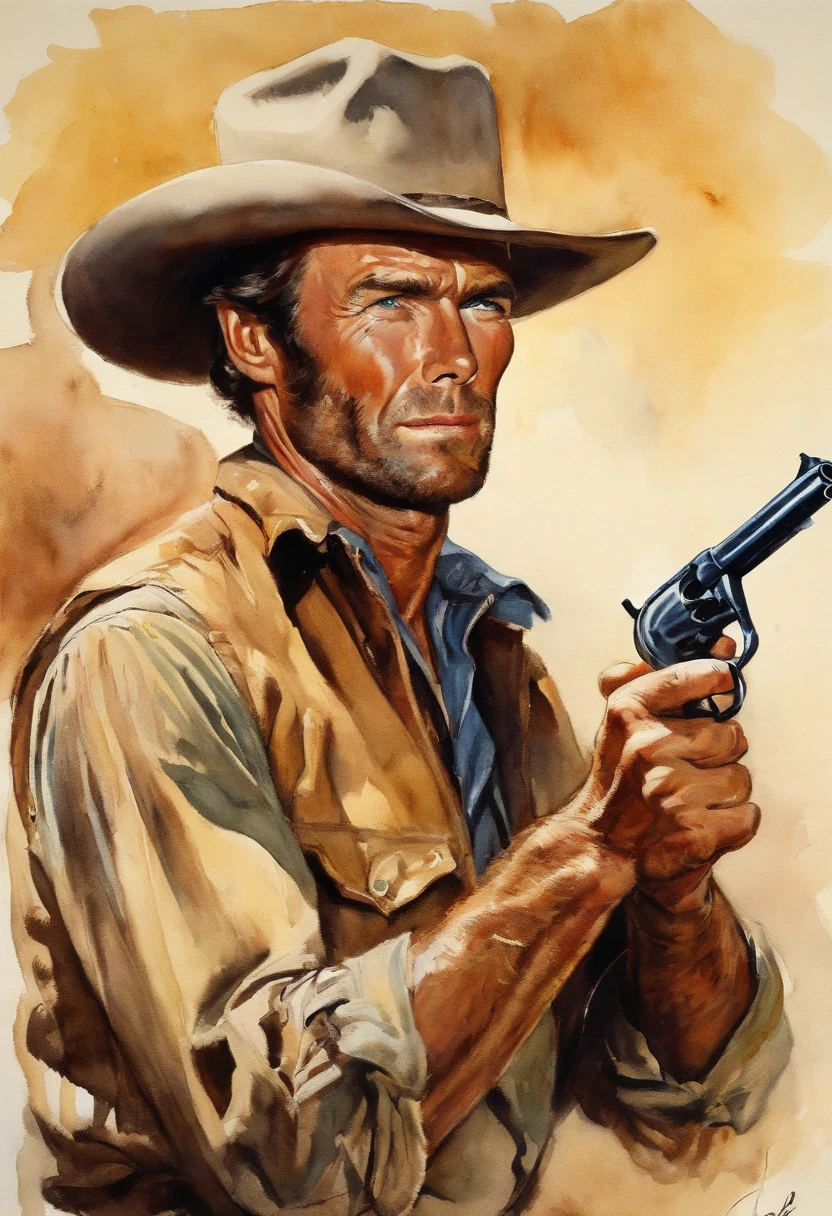 {{Movie poster}} {{Vintage}} A cowboy  (Young Clint Eastwood) beaing chased by actor lee van cleef holding a gun in his hand, ((Angry 1.4)),  (good the bad and the ugly) Stunning vista,Riding a running horse, Screaming, Action, The dark side, Mystery , Dark background, pastels, author：Harry Bush, James Montgomery Flagg and Louise Van Barr、Jim French and Roslav, Detailed and realistic eyes, Big barefoot, The crotch is large and raised, Very handsome, Beautiful