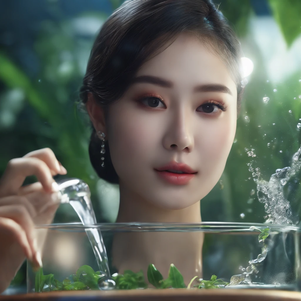 Best Quality, masutepiece, 超A high resolution, (photos realistic:1.4), surrealism, ((Ultra detailed CG Unity 8K wallpaper))、masutepiece、Superb quality、Delicacy shines with beauty、Woman pouring water into the aquarium with a rubber tube、Delicate Makeup、Tears、Fine arafet drawings、Ecstatic look、Sweaty forehead、homework
