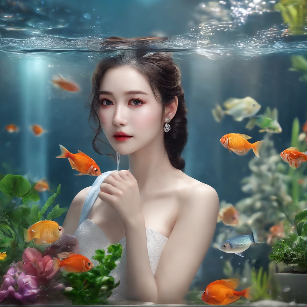 Best Quality, masutepiece, 超A high resolution, (photos realistic:1.4), surrealism, ((Ultra detailed CG Unity 8K wallpaper))、masutepiece、Superb quality、Delicacy shines with beauty、Woman pouring water into the aquarium with a rubber tube、Delicate Makeup、Tears、Fine arafet drawings、Ecstatic look、Sweaty forehead、homework