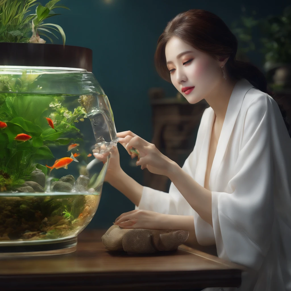 Best Quality, masutepiece, 超A high resolution, (photos realistic:1.4), surrealism, ((Ultra detailed CG Unity 8K wallpaper))、masutepiece、Superb quality、Delicacy shines with beauty、Woman pouring water into the aquarium with a rubber tube、Delicate Makeup、Tears、Fine arafet drawings、Ecstatic look、Sweaty forehead、homework