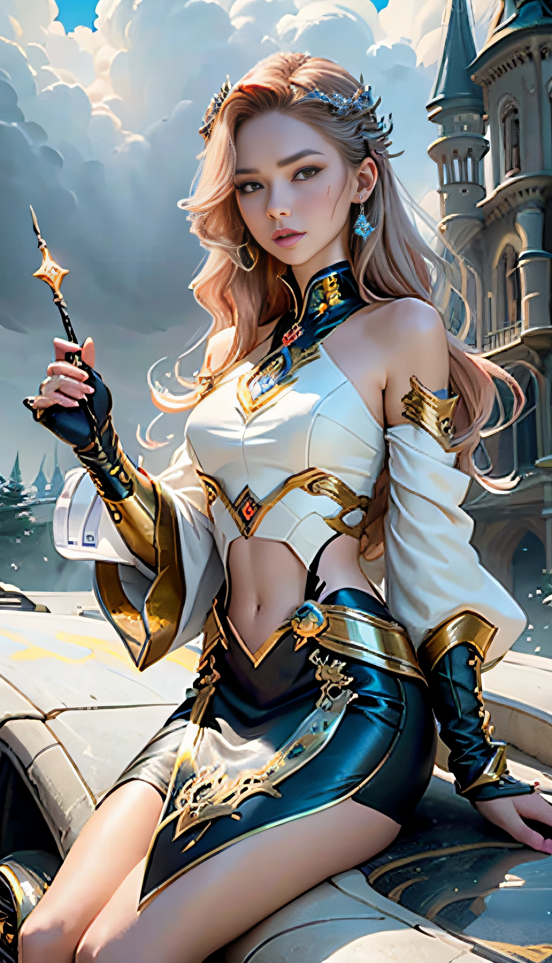 1girll, 8K quality,full bodyesbian, Mage style, Sexy goddess,The facial features are delicate and beautiful,Red long-haired,Fairy stick in hand,wands,Stand high,der riese,Architectural view of the ancient castle,blueglow,dark stormy clouds,Sky spaceship,Multiple planets,The setting sun burns the clouds,Jupiter,Mards,Tornado,Flaming,Goddess Mage,Large bearings,Stone dragon wall,Full of gold treasures,Gold and silver jewelry,Ultra-futuristic spaceship combat vehicle。