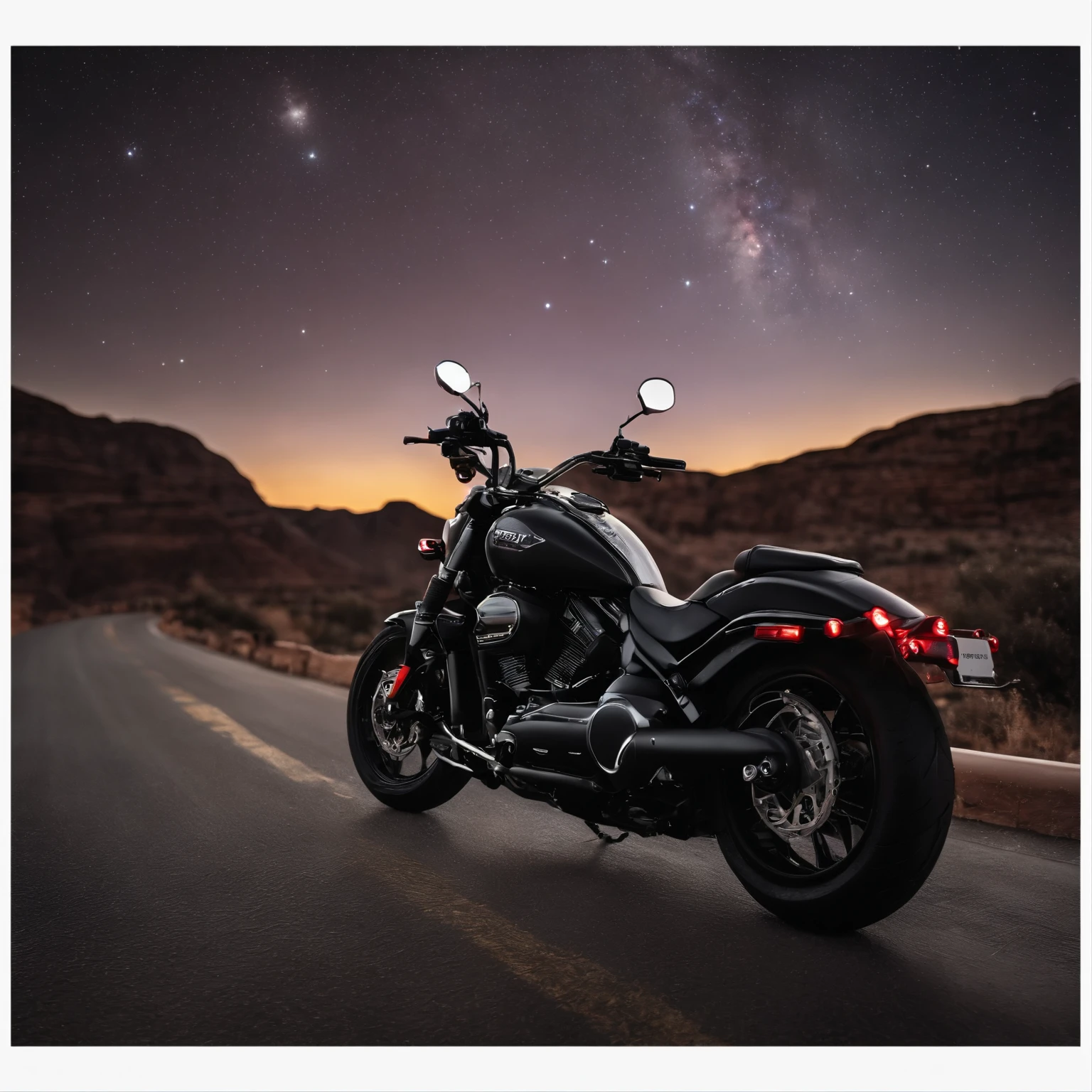 Master Parts、Superior Quality、superior image quality、The 8k quality、Beautiful pictures of the starry sky、magnifica、Arched Milky Way:1.9、Motorcycle on the highway