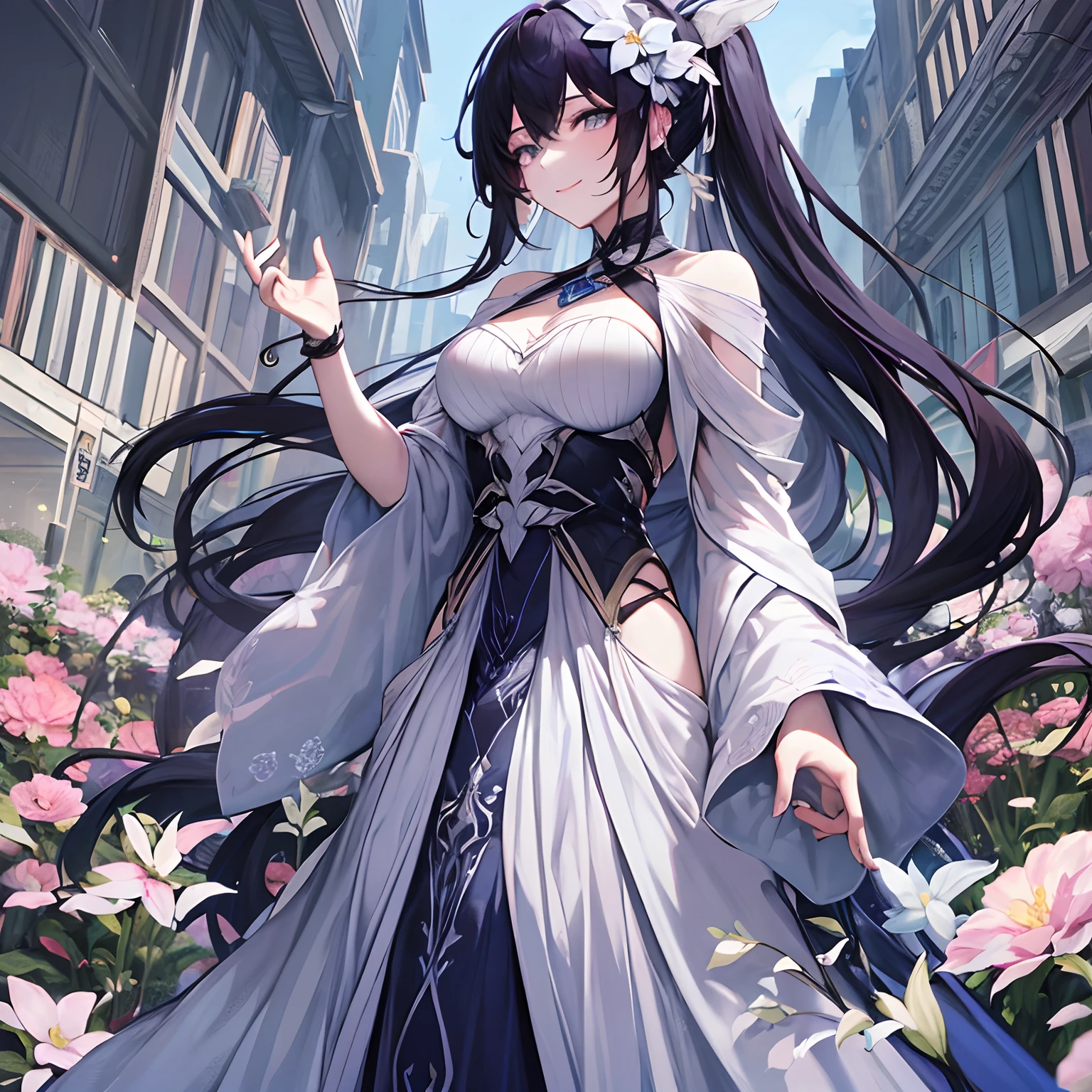 Woman, long dark blue hair gathered in a low ponytail, pale eyes, white combat dress with silver details and flowers, modernity, calm smile, full length