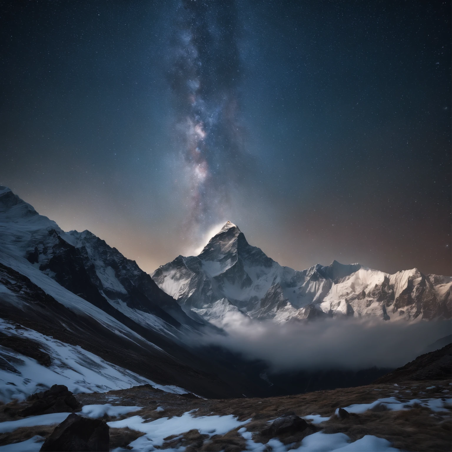 Master Parts、Superior Quality、superior image quality、The 8k quality、Beautiful pictures of the starry sky、magnifica、Arched Milky Way:1.9、Mount Everest、snow mountains、blue river