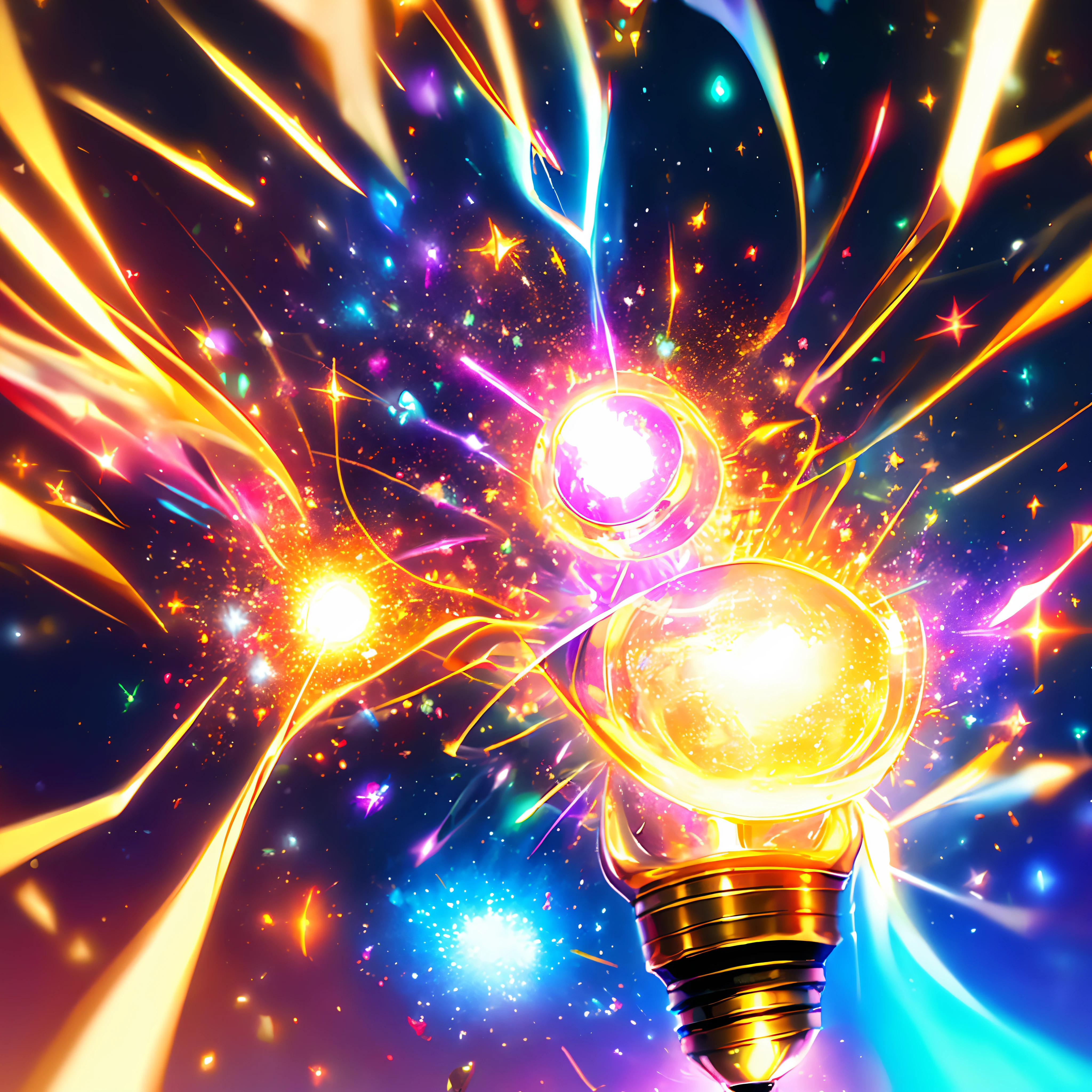 light bulb, explosion of brilliant light bursts from the light bulb, enlightenment, new idea, vivid colours, epic fantasy, joy