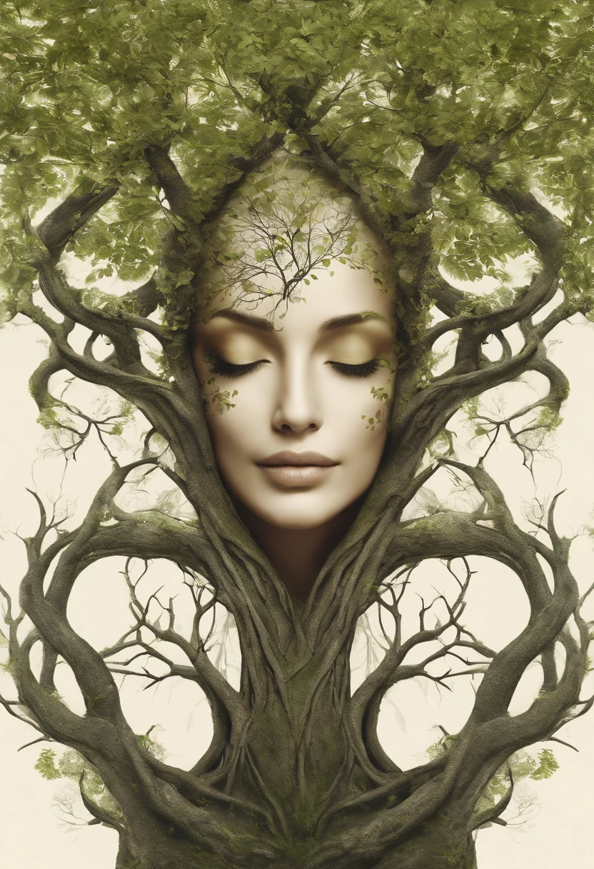 cerrar, Arbomorph A woman's face hug turned into a leafy tree, with roots as legs, ramas como brazos, Algunas hojas vuelan sobre un fondo blanco,l