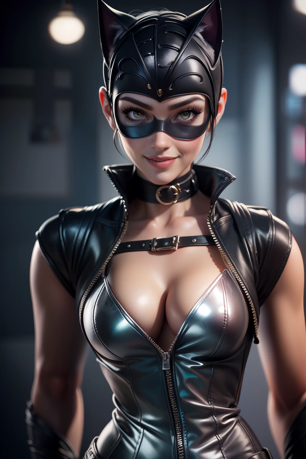 catwoman, Portrait photo by Altgarm, realism style, Glowing skin, Cartoon hero, Natural light, Defined lips, Strong physical strength, Feminine body, Full body, viewer, (Smile:1.2), Depth of field f/1.8, studio shot, (((looking in camera))), Camera orientation, ellen von unwerth, (Sexy Pose:1.5))
