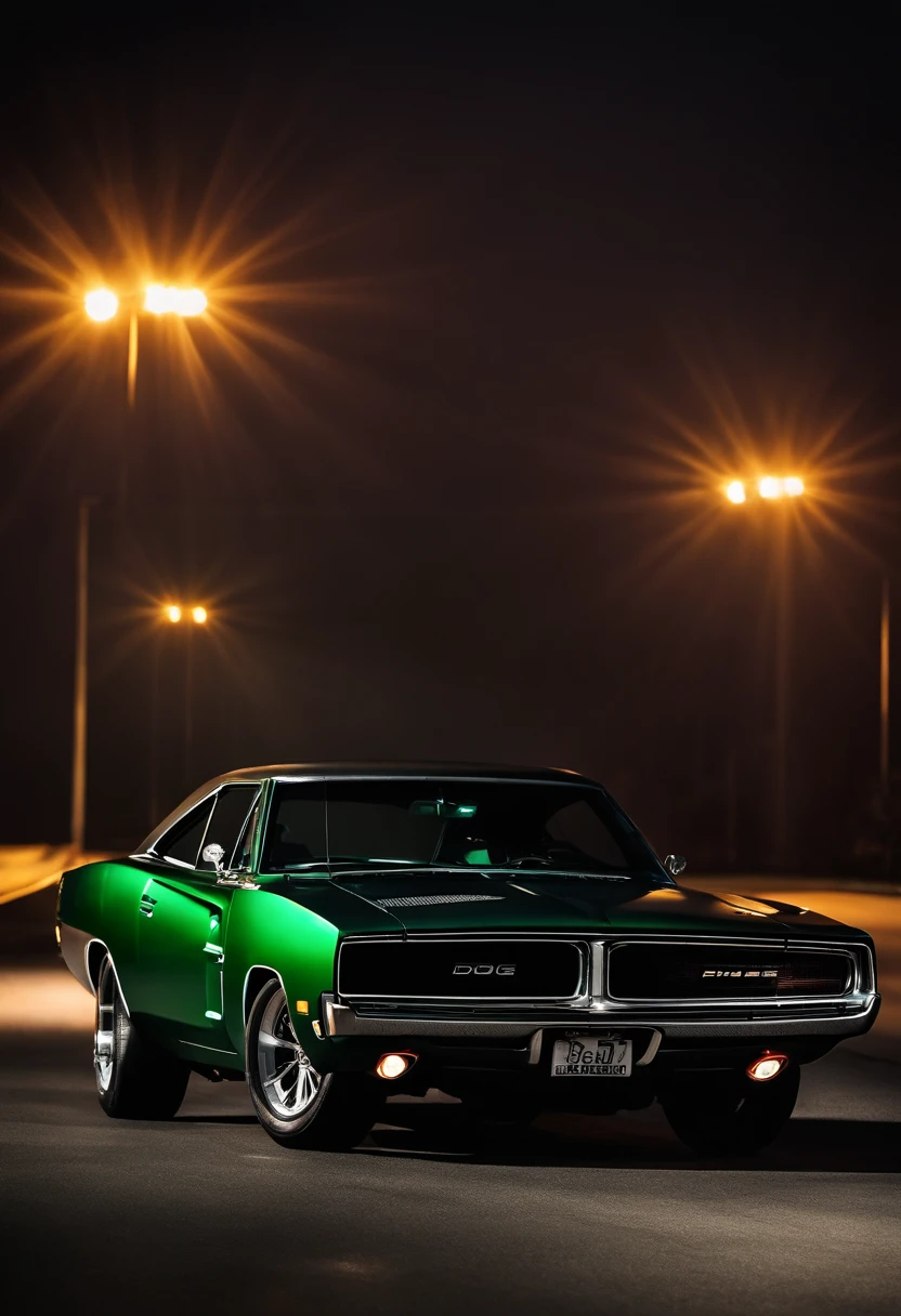 Dodge Charger 68, car dark intense green color, headlights on, fotografia, road, race, dark backgraund