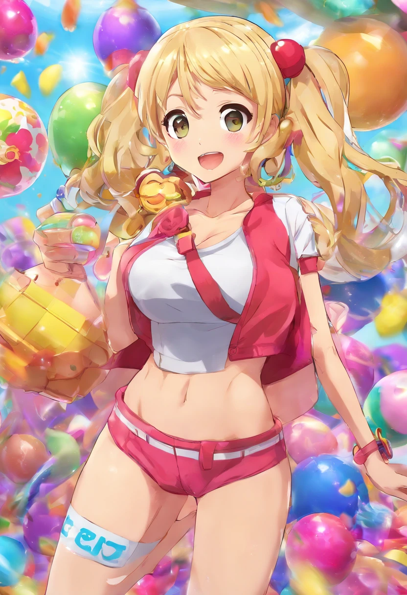 ((masutepiece:1.2, Best Quality)), 1aldy, Solo, (Gym clothes), platinum-blonde, Long hair, (upper view, Front Focus, Looking straight ahead), (Forehead), Jumping, Above the waist, Ponytail, Big Tits, Nami:1.1