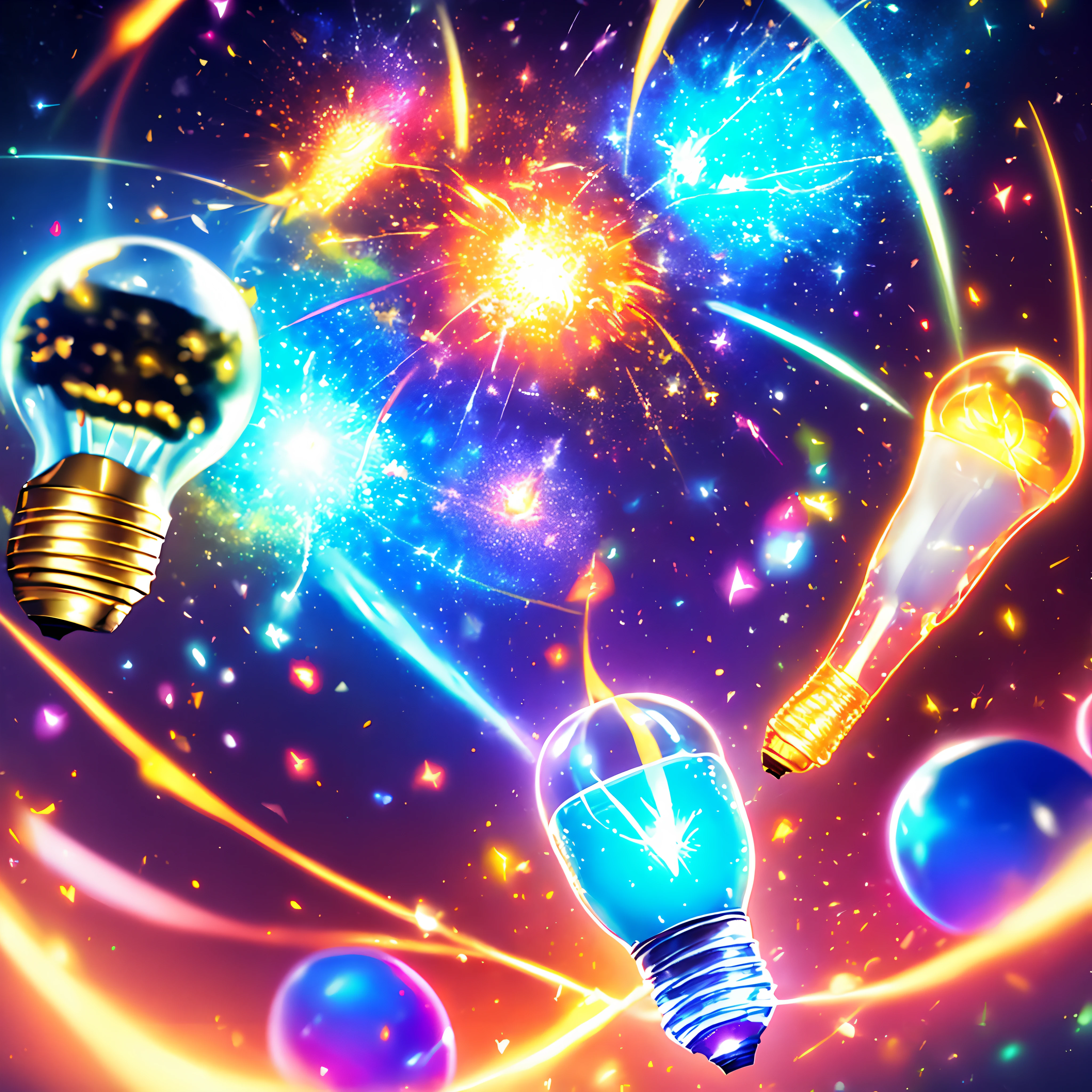 light bulb, explosion of brilliant light bursts from the light bulb, enlightenment, new idea, vivid colours, epic fantasy, joy