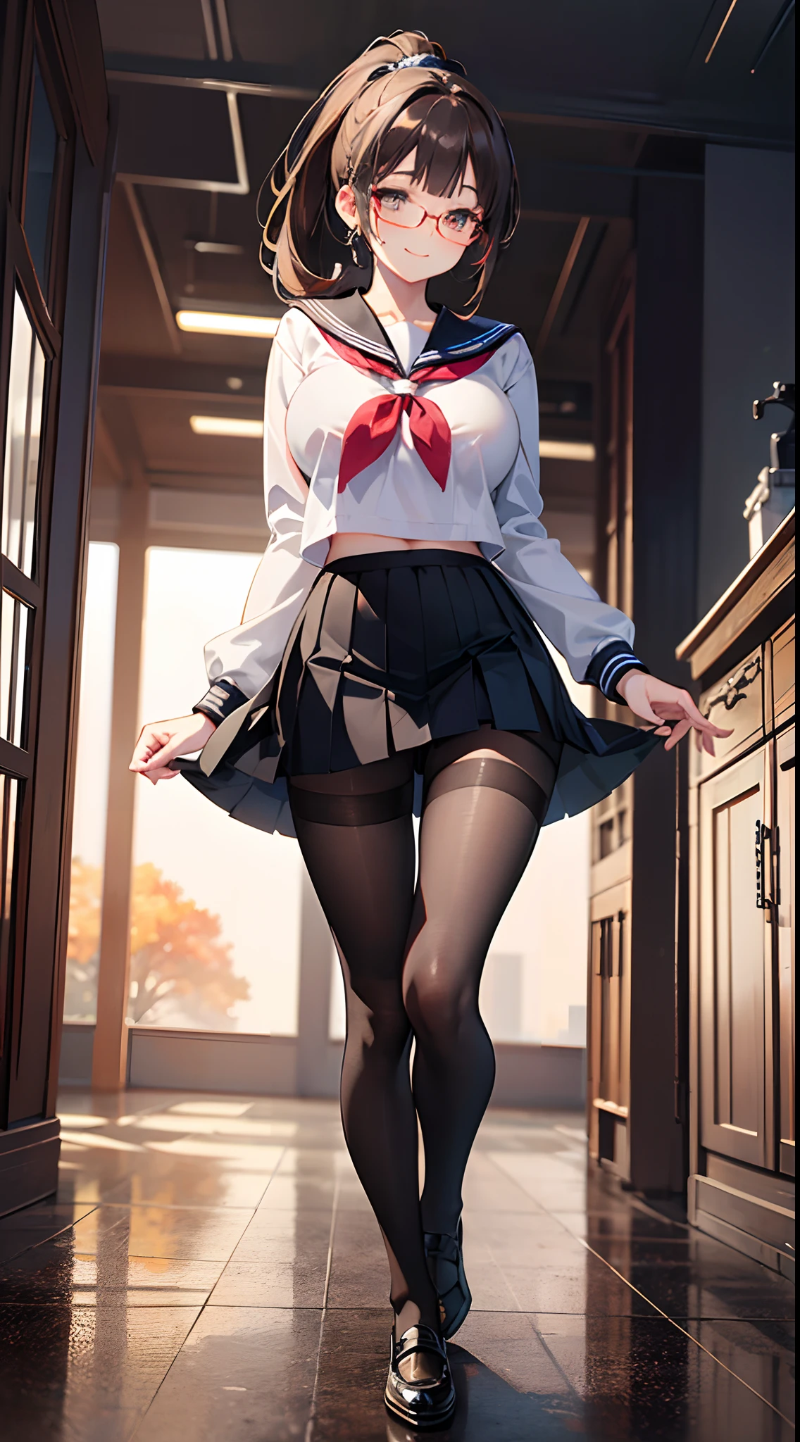 ((masterpiece)), ((best quality)), (ultra-detailed), ((kawaii)), cute, (lovely), ((sexy)), (ero), ((extremely detailed)), 4K, (8K), best quality, (beautiful), watercolor pencil, realistic, real, focus on the face, full body focus, school, autumn, a pretty woman, solo, sailor suit, beautiful dark brown hair, beautiful purple eyes, ((beautiful eyes with highlights )), white-skinned, ponytail, transparent hair, translucent hair, large breast, tights, glasses, smile, neon light, wind effect, reflection effect