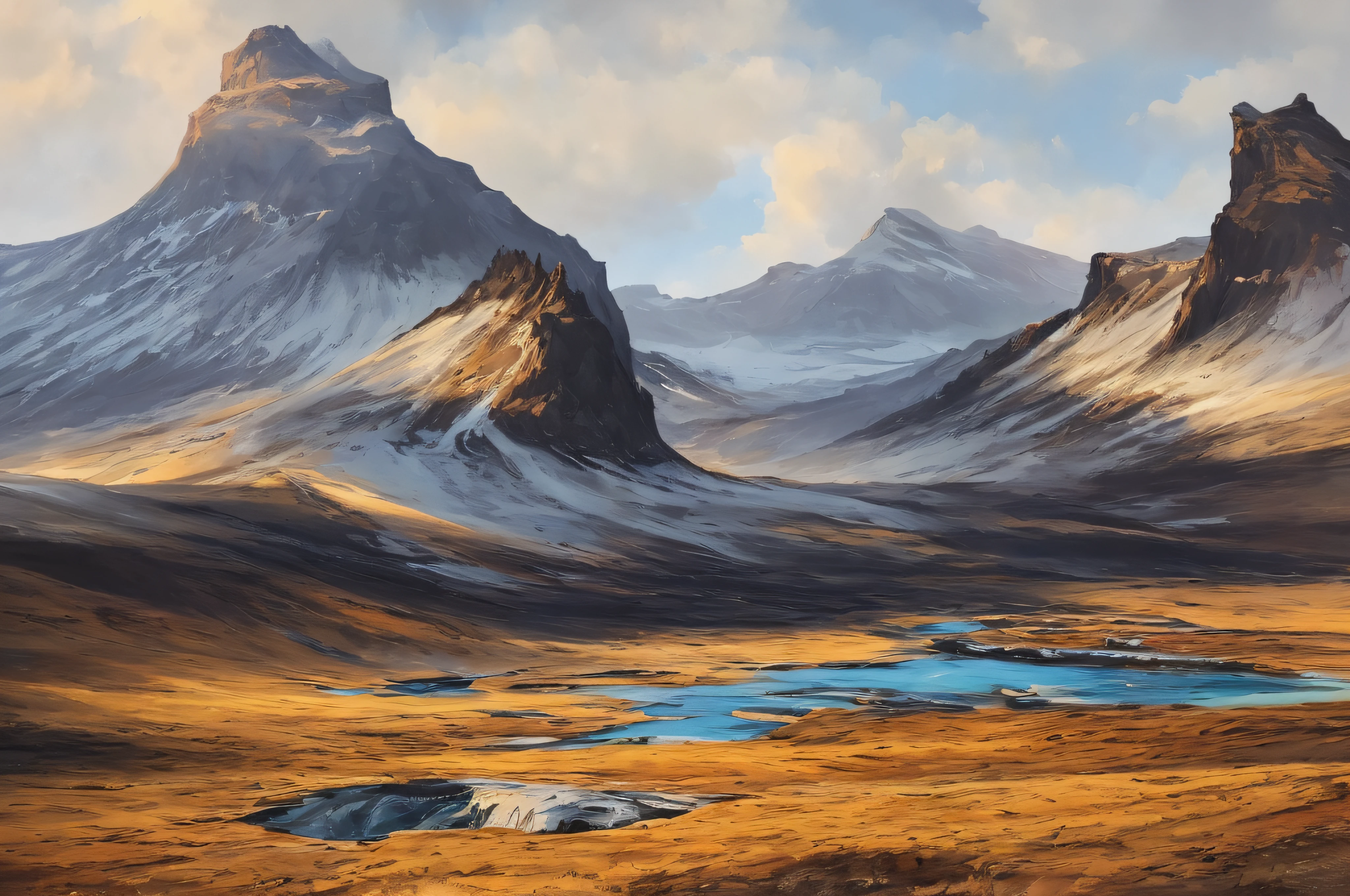 samdoesarts style. physical palette knife painting, thick Oil paint, stunning landscape, vast scale, soft colors, muted contrast, extremely detailed and intricate, iceland, God rays, sharp focus