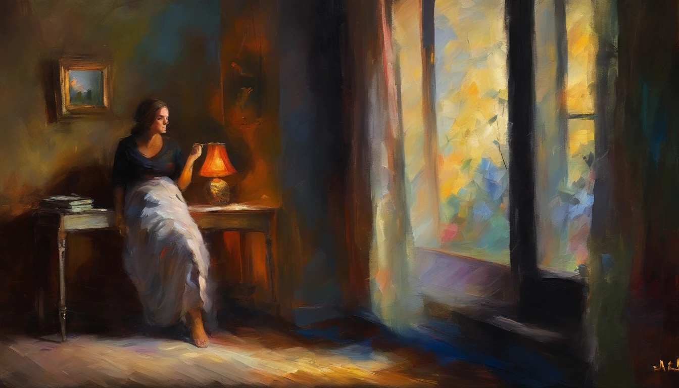 big  girl alone sit by window, dark room, night