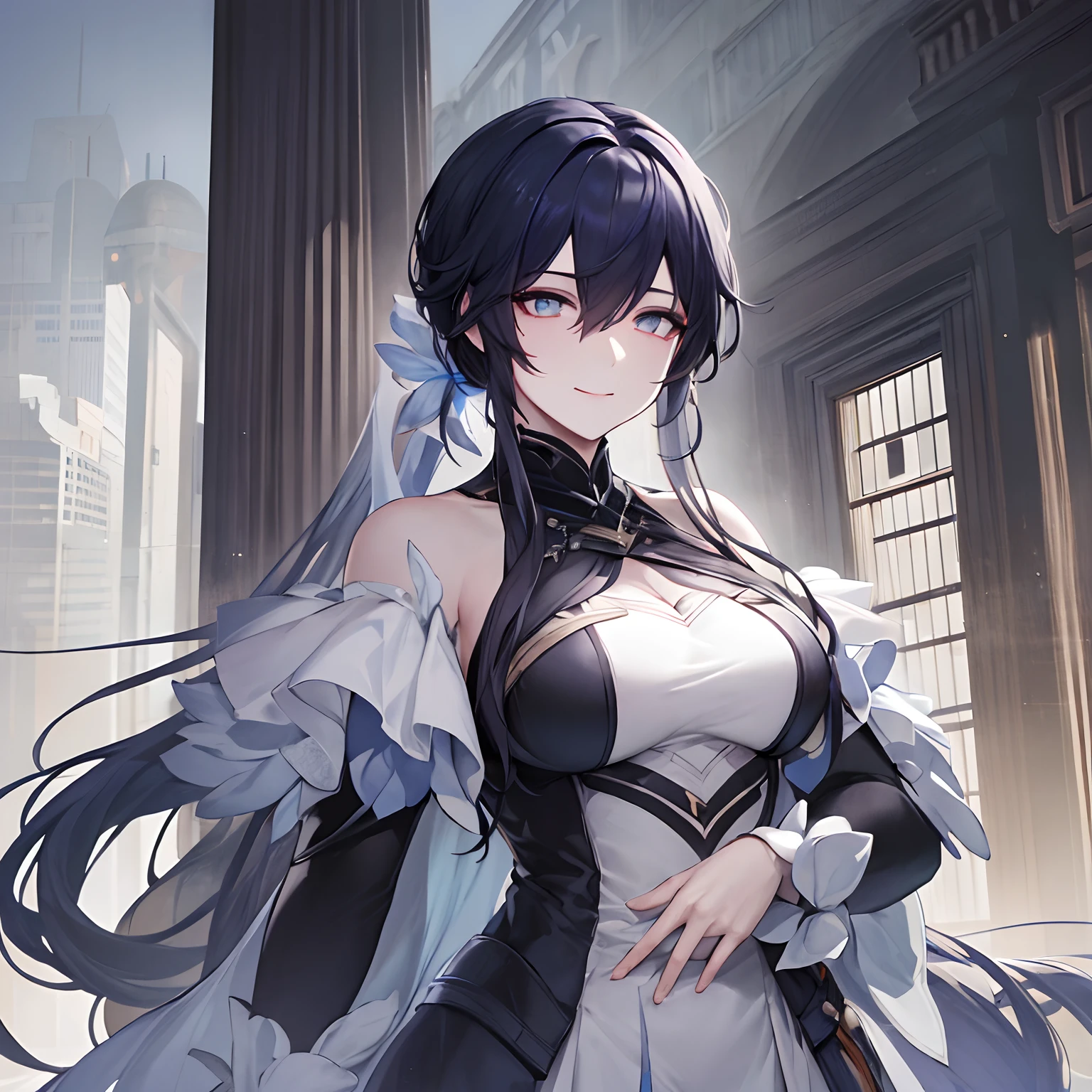 Woman, long dark blue hair gathered in a low ponytail, pale eyes, white combat dress with silver details and flowers, modernity, calm smile, full length