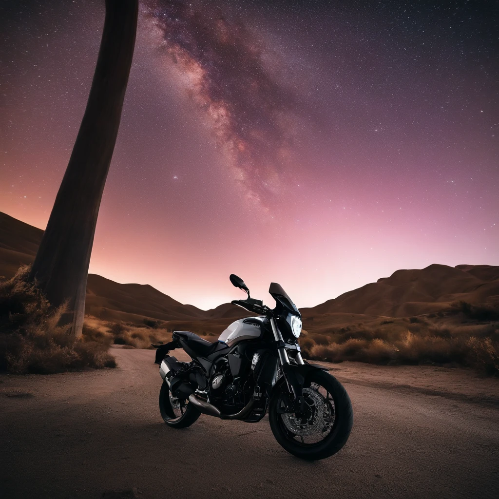 Master Parts、Superior Quality、superior image quality、The 8k quality、Beautiful pictures of the starry sky、magnifica、Arched Milky Way:1.9、Highway motorcycle
