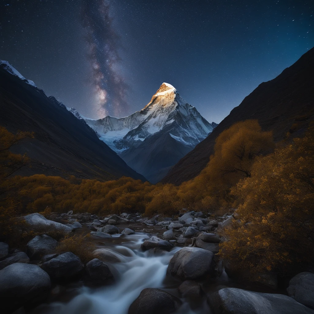 Master Parts、Superior Quality、superior image quality、The 8k quality、Beautiful pictures of the starry sky、magnifica、Arched Milky Way:1.9、Mount Everest、snow mountains、blue river