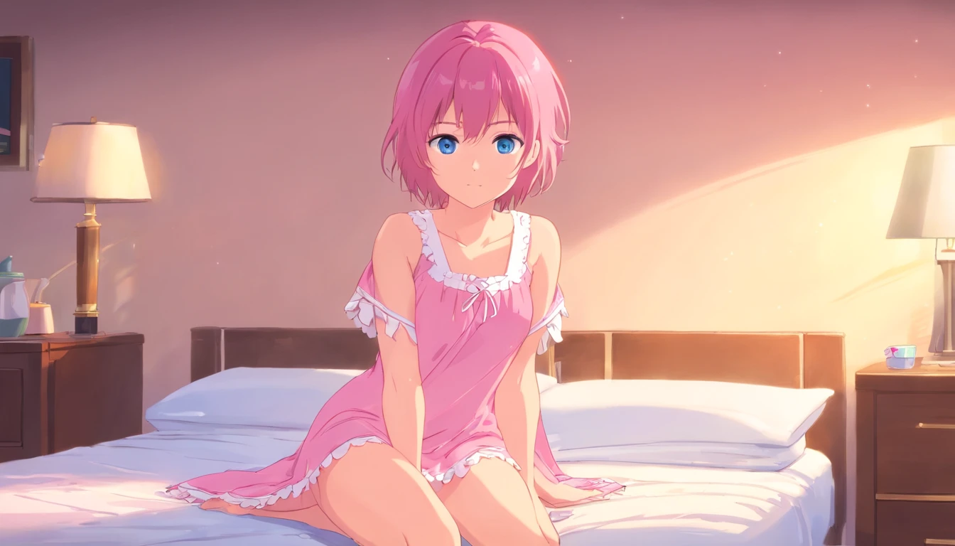 An Anime high Girl in underwear lying ON the bed in White underwear, the Girl has a thicc Body, is sexy, has very short purple Hair, Green eyes, oily eyelashes, is moaning,  touching her panties, hysterically smiling