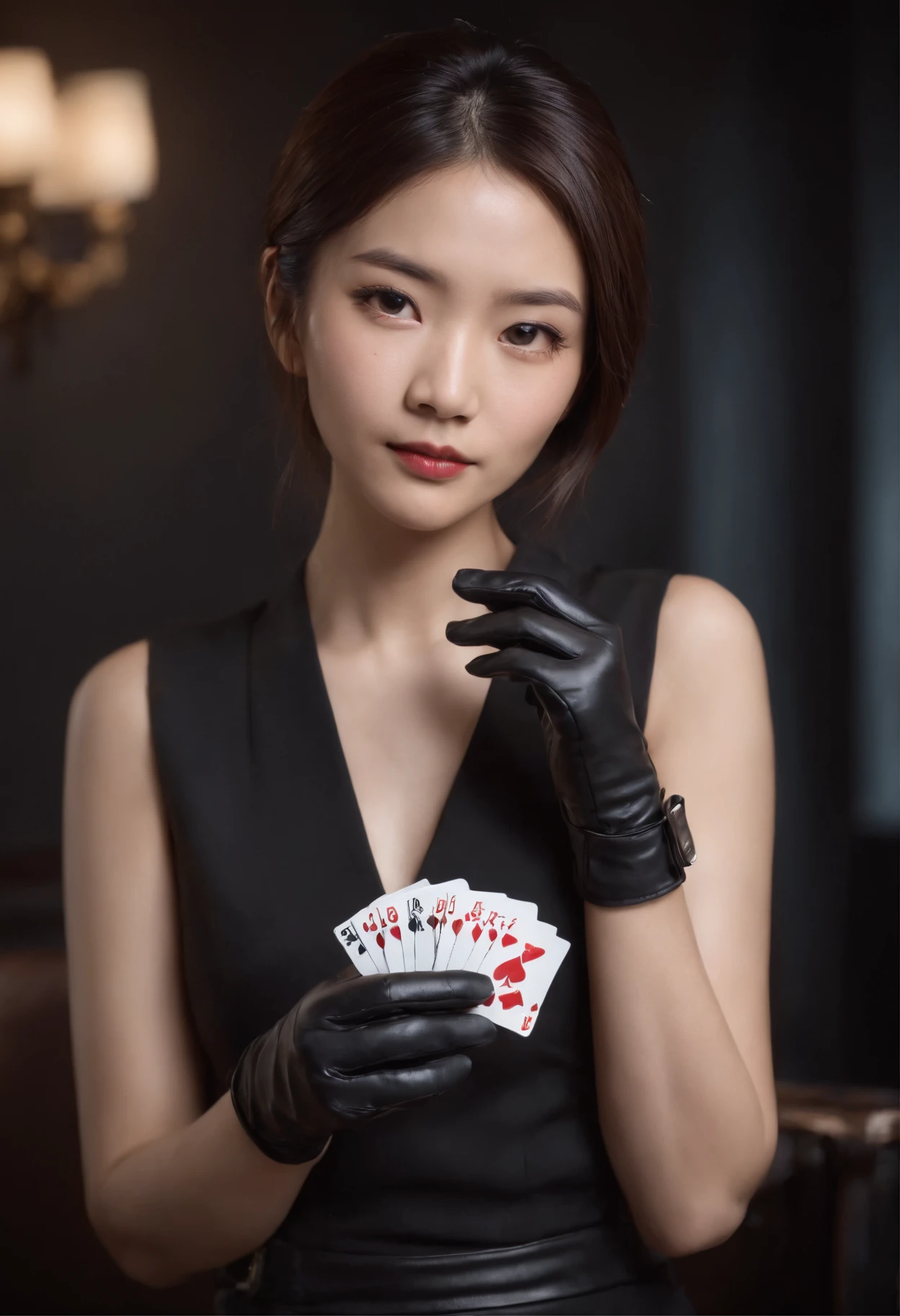 Beautiful girl with big breasts Short Hair Bikinie Holding Casino Casino Card Fair Skin Blue eyes, golden hair.