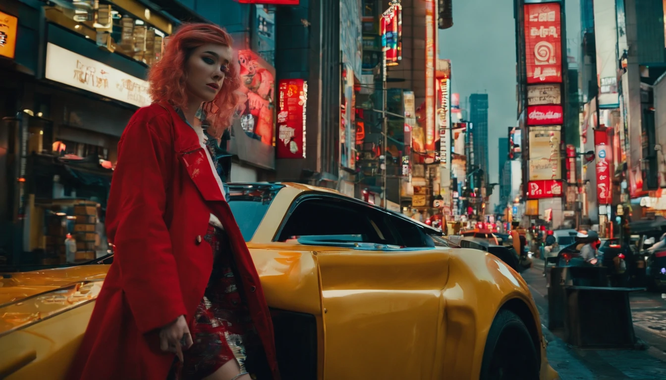 japanaese girl,pale skin,beatiful face,rose hair,red jacket,Tokyo at night, with Cyberpunk style,Japanese streetwear,Tokyo Fashion,In a Cyberpunk 2 jacket 0 7 7,Full-length,attractive pose