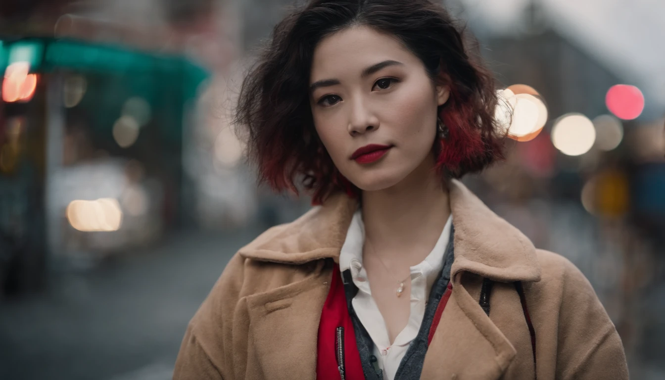 japanaese girl,pale skin,beatiful face,rose hair,red jacket,Tokyo at night, with Cyberpunk style,Japanese streetwear,Tokyo Fashion,In a Cyberpunk 2 jacket 0 7 7,Full-length,attractive pose