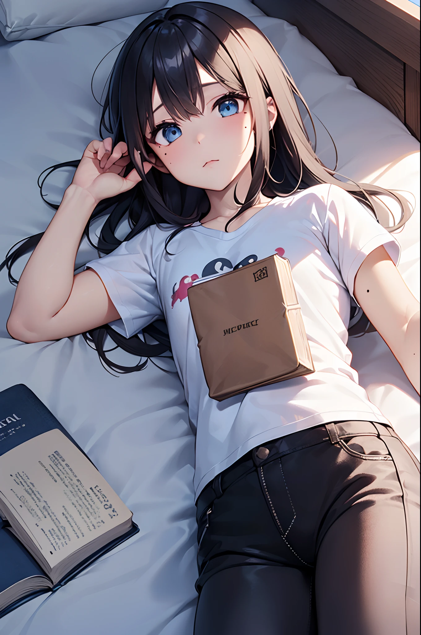 Girl with a nasty appearance:1.3）、(on the beds:1.5)、(and chest:1.4)、Raw photography, top-quality, hight resolution, (​masterpiece), (Photorealsitic:1.4), (Mole under the eyes),Anime Cosplay, foco nítido, nffsw, 8K分辨率, intricate detailes, depth of fields, the Extremely Detailed CG Unity 8K Wallpapers, front lit, femele,25-years old、 Melancholy face、(Odango Hair:1.5)、(Lying down:1.5)、see -through、(midium black hair)、blue eyess,(Holding a half-read book in your hand:1.5)、(T-shirt and hot pants:1.3)、Angle from directly above、Reading a book、Unmotivated look