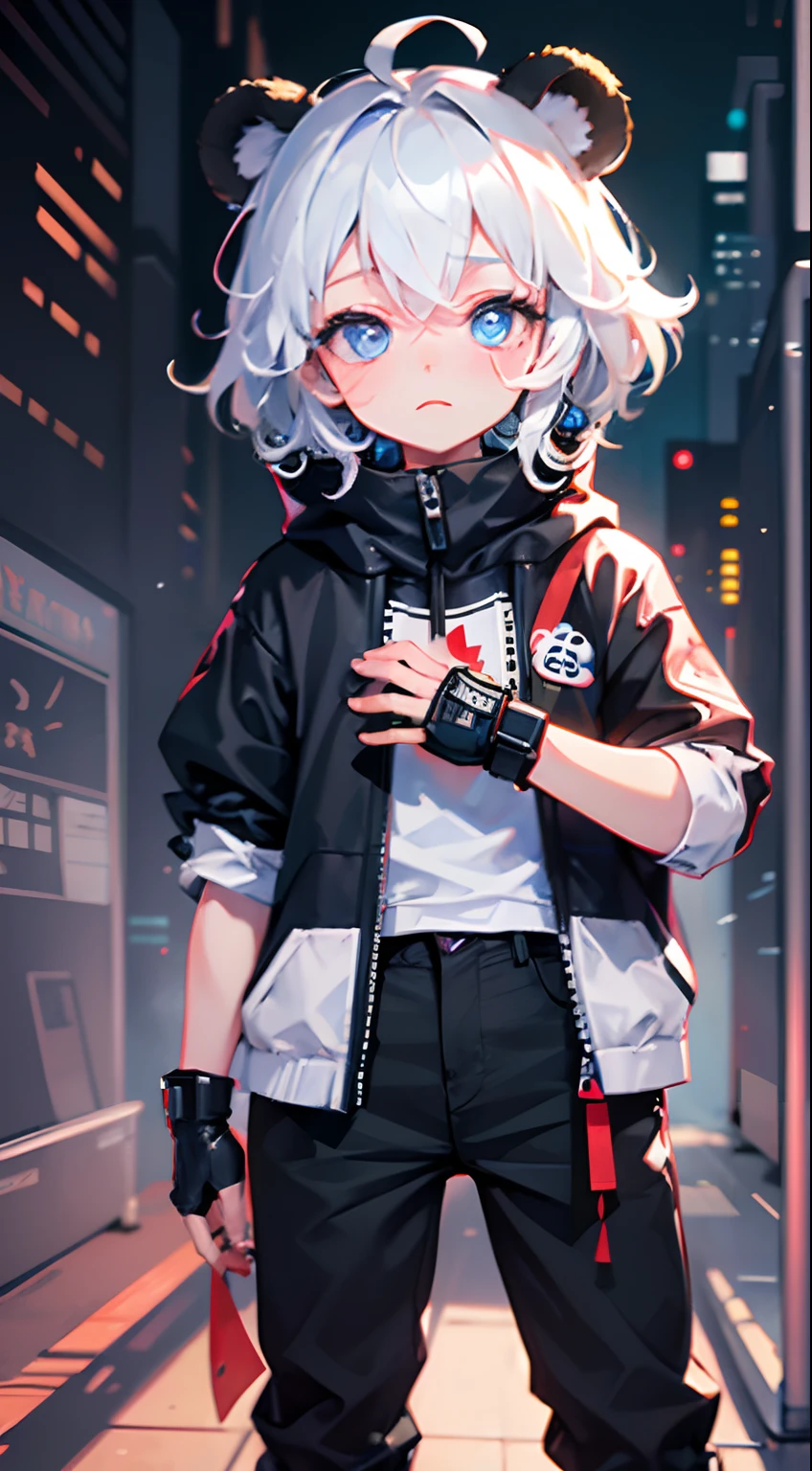 One Boy,Blue eyes,hair messy,White Techware,tear drop,Viewer's Eye Line,Black skinny pants,Panda ears, cyberpunked, is standing,baby-face, cute little, Both hands are hidden