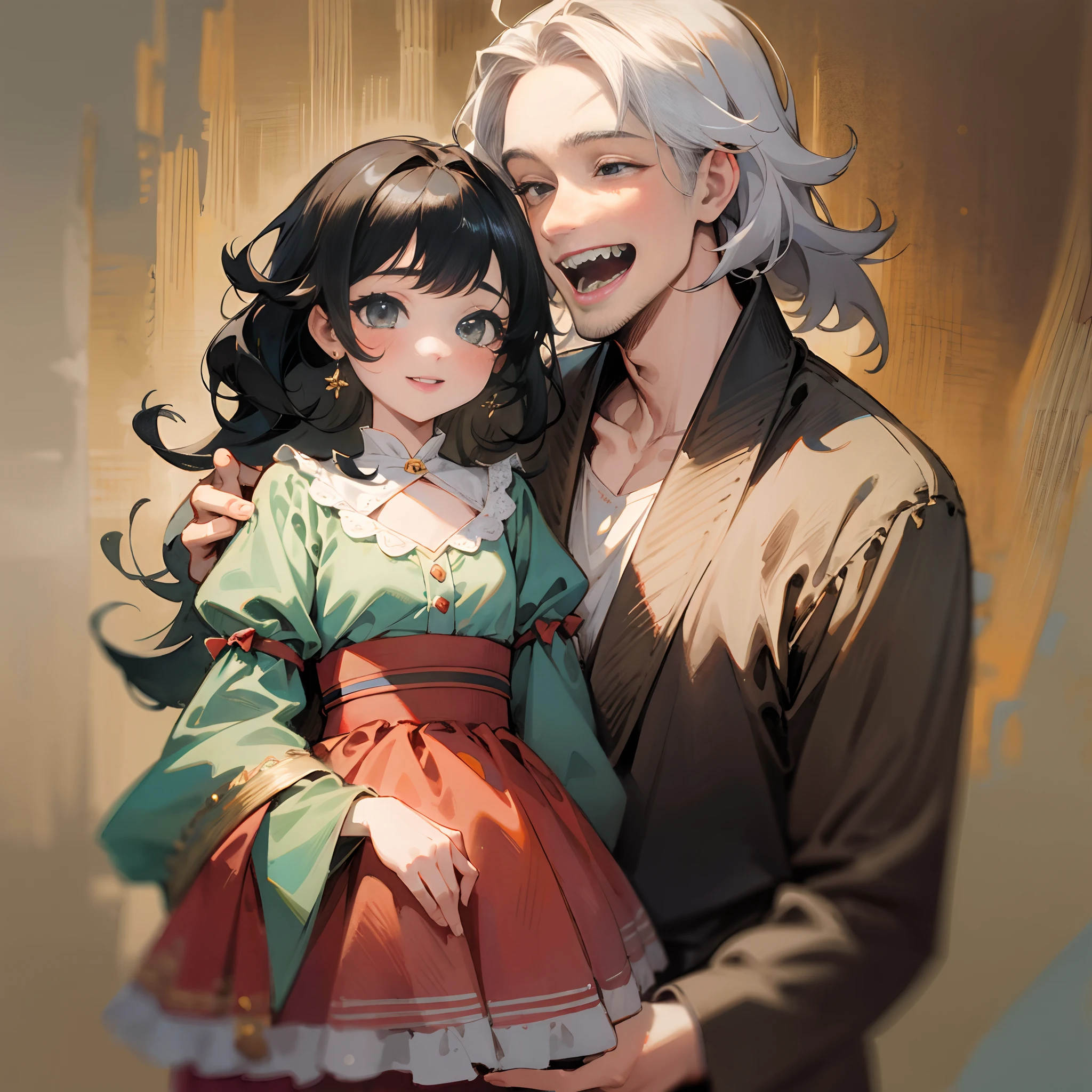 watercolor, soft color, Vintage images, highres, unparalleled masterpiece, absurdres, love story of human Child girl and giant Werewolf, love romance, The princess and the prince, family photograph, pair, Height difference, Physical difference, perfect anatomy, smile, joyful, play with, smile, happy, watercolor,